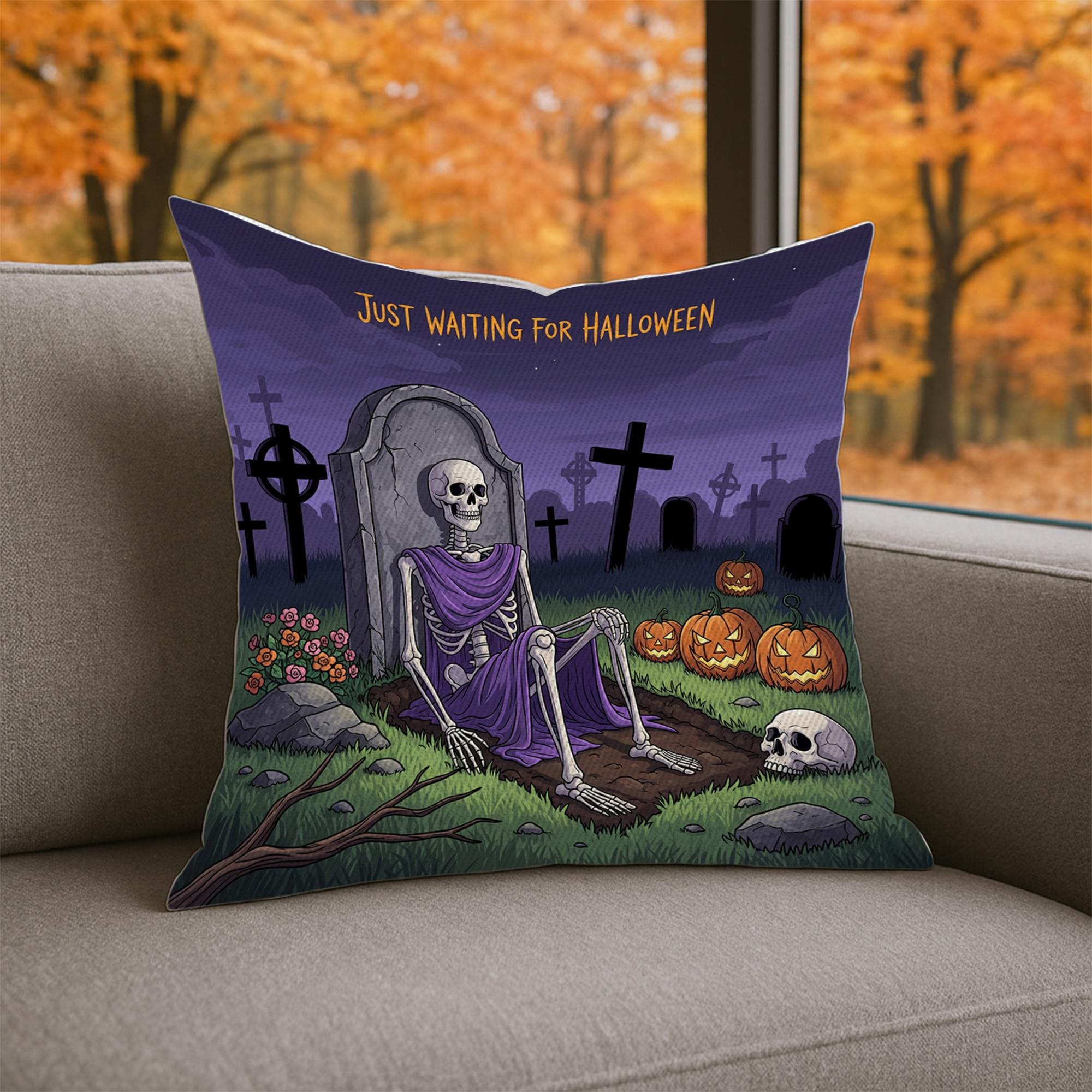 Waiting for Halloween Throw Pillow Cover, Skeleton Graveyard Spooky Cushion, Pumpkin Fall Accent Decor, Goth Home Decoration