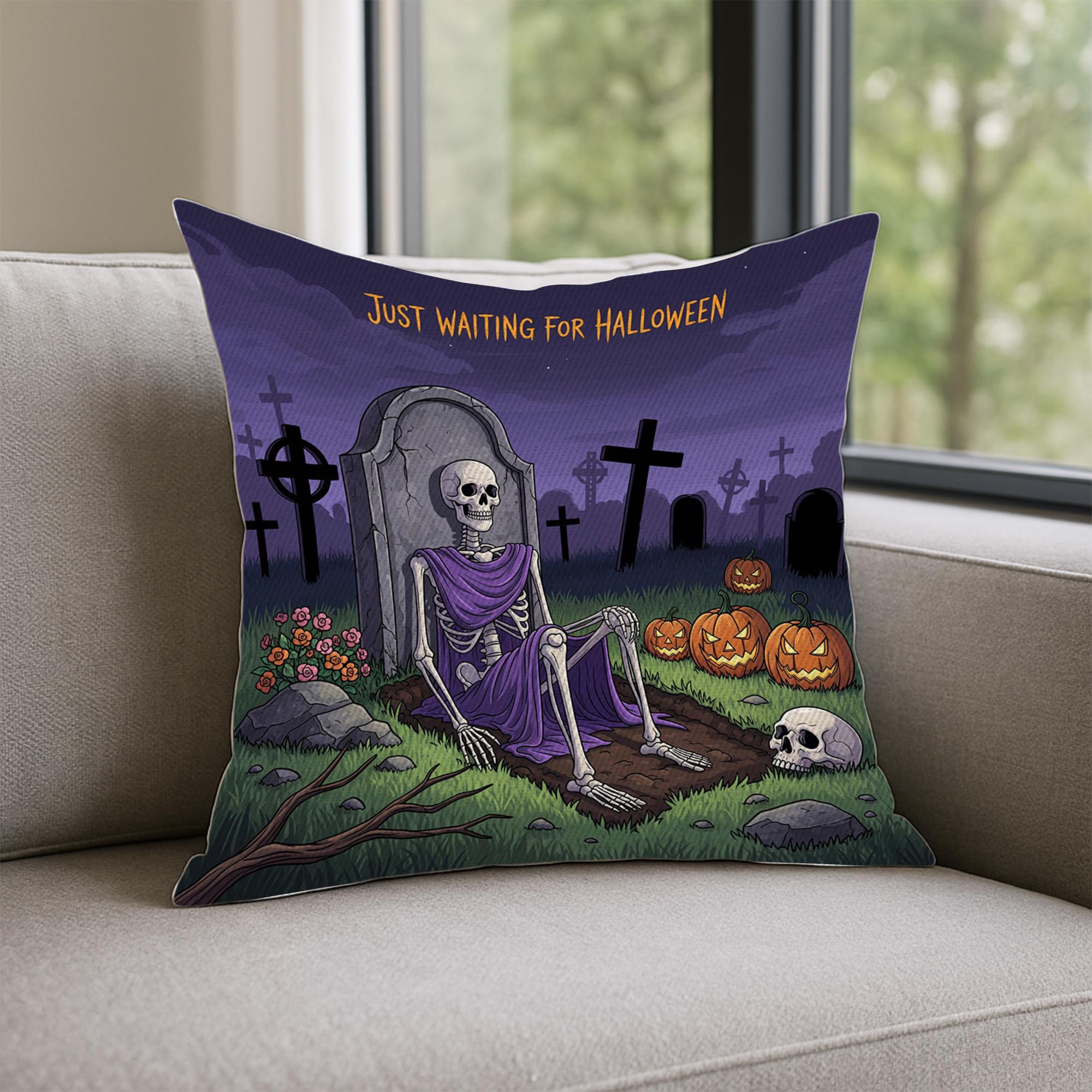 Waiting for Halloween Throw Pillow Cover, Skeleton Graveyard Spooky Cushion, Pumpkin Fall Accent Decor, Goth Home Decoration