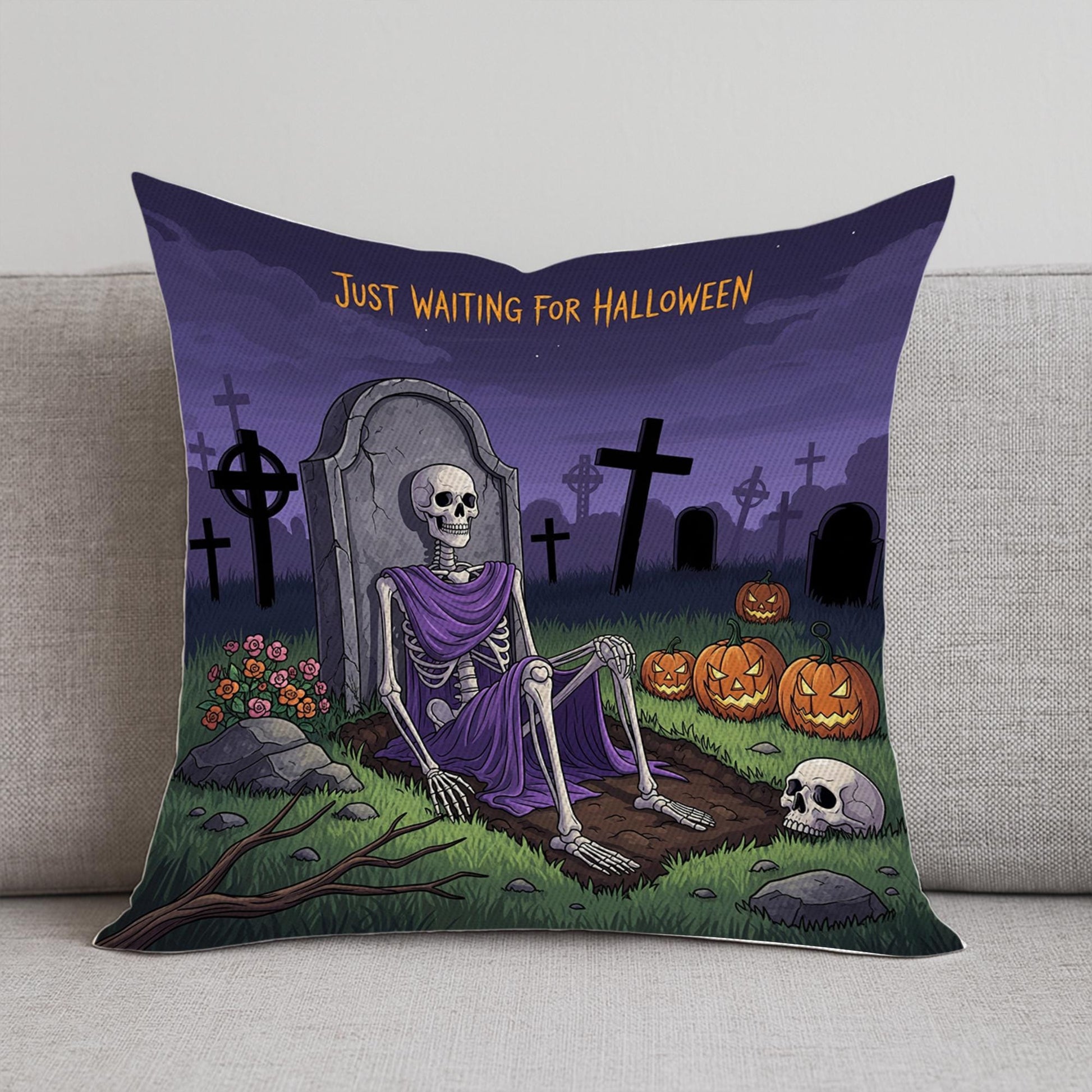 Waiting for Halloween Throw Pillow Cover, Skeleton Graveyard Spooky Cushion, Pumpkin Fall Accent Decor, Goth Home Decoration