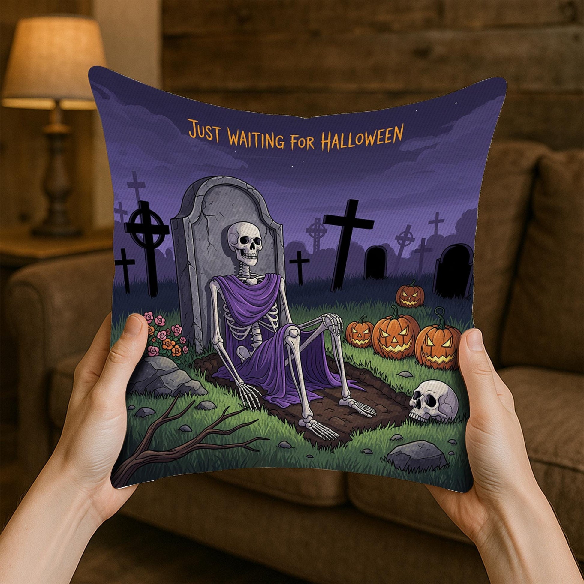 Waiting for Halloween Throw Pillow Cover, Skeleton Graveyard Spooky Cushion, Pumpkin Fall Accent Decor, Goth Home Decoration