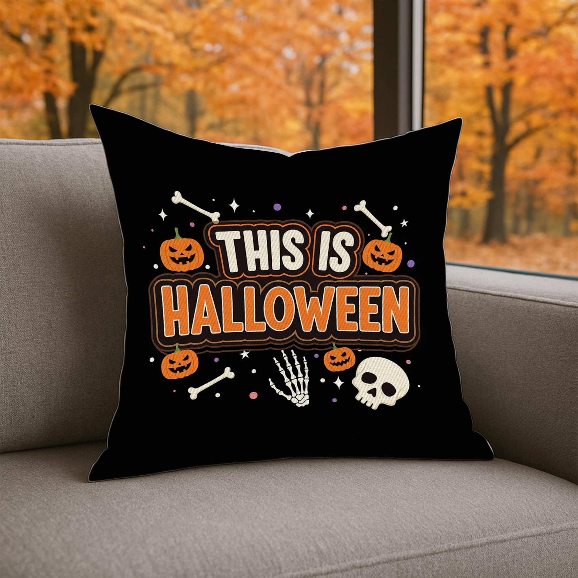 This Is Halloween Throw Pillow Cover, Spooky Pumpkin & Skeleton Bones Cushion, Black Halloween Decor, Fall Accent Pillow
