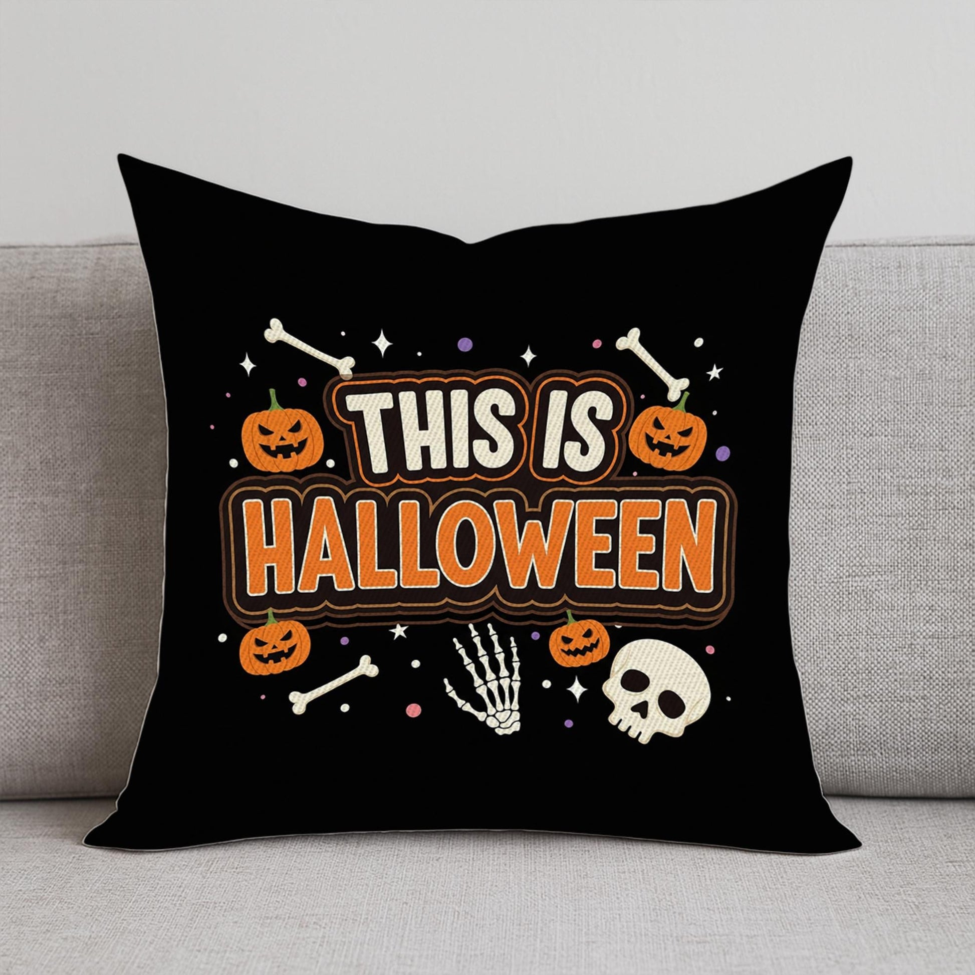 This Is Halloween Throw Pillow Cover, Spooky Pumpkin & Skeleton Bones Cushion, Black Halloween Decor, Fall Accent Pillow