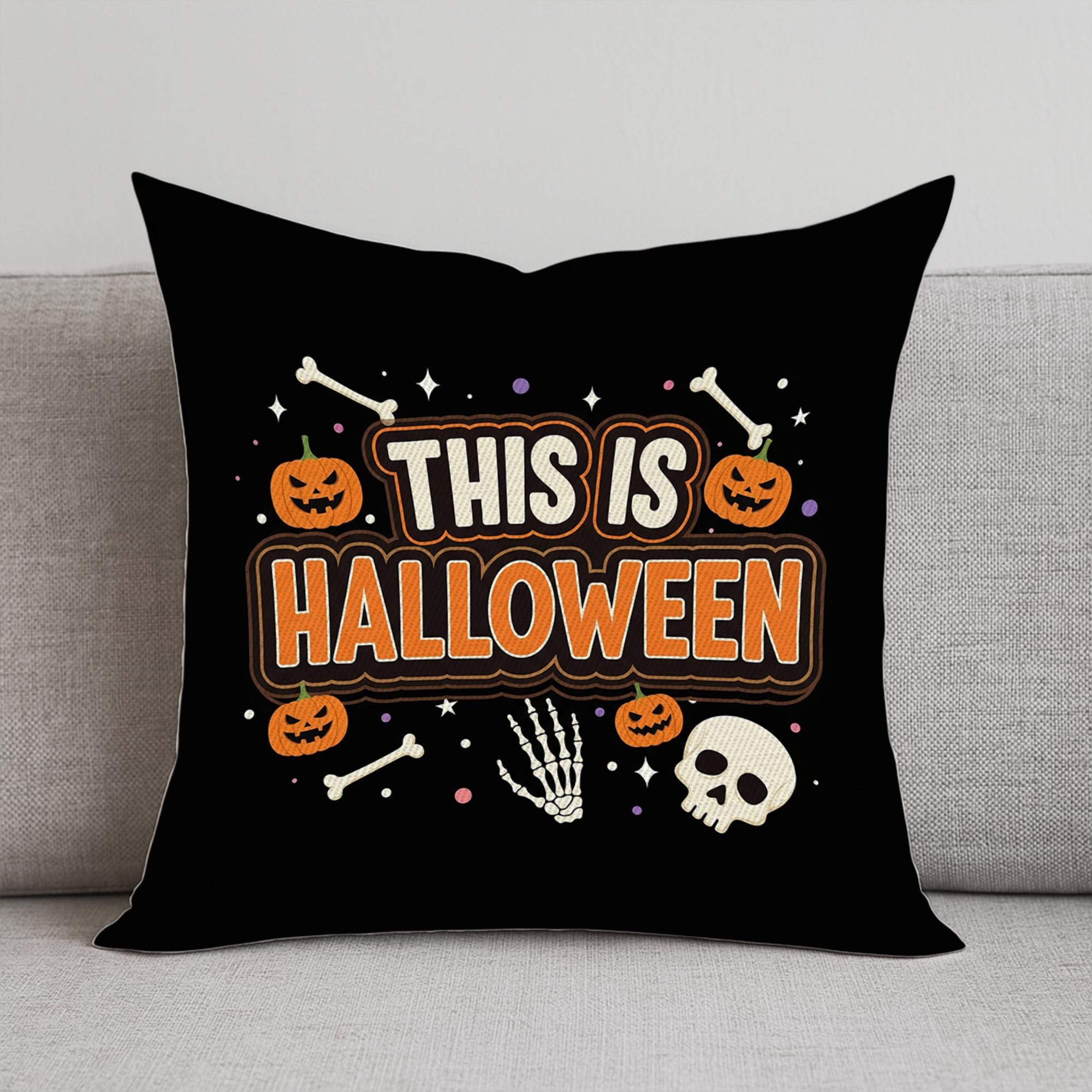 This Is Halloween Throw Pillow Cover, Spooky Pumpkin & Skeleton Bones Cushion, Black Halloween Decor, Fall Accent Pillow