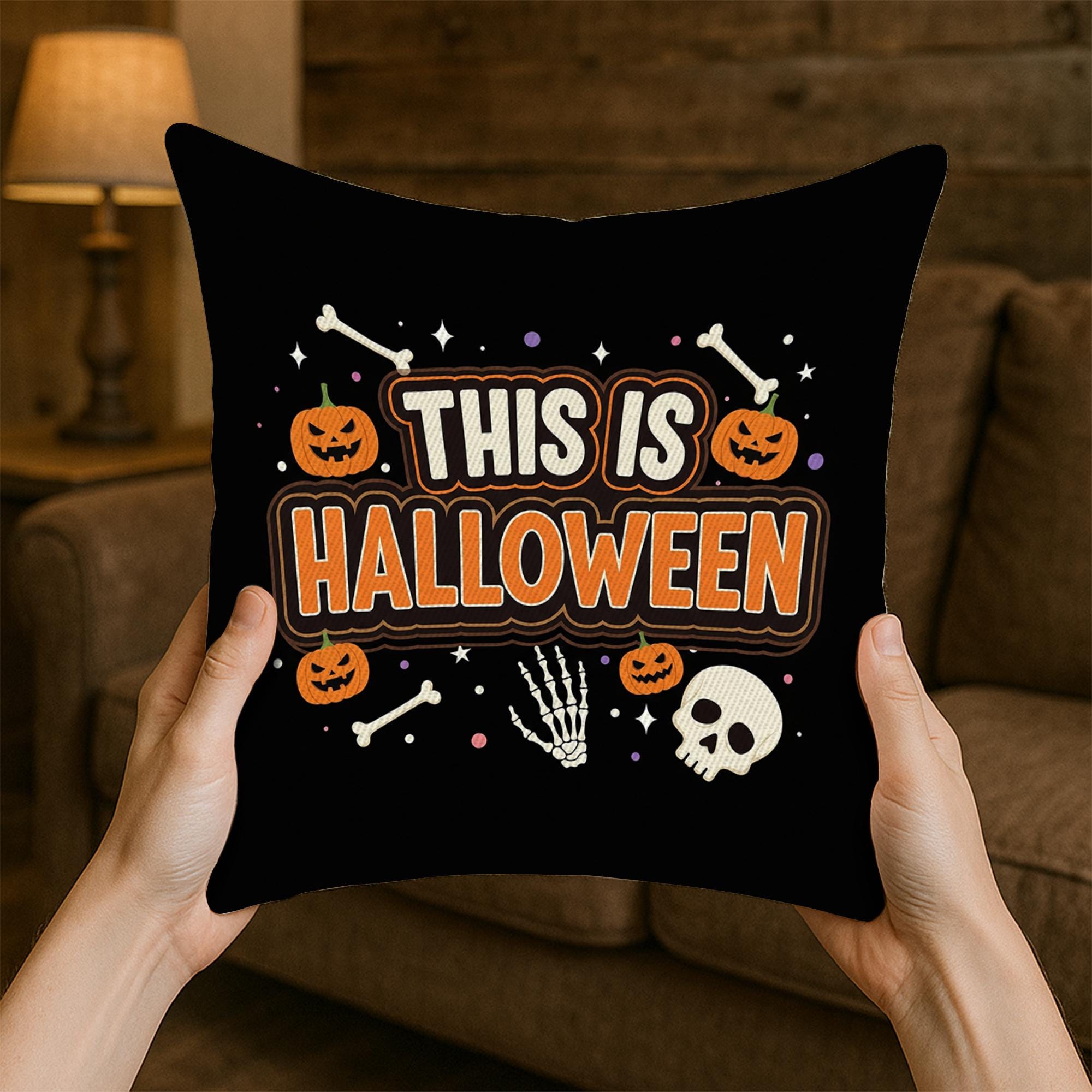 This Is Halloween Throw Pillow Cover, Spooky Pumpkin & Skeleton Bones Cushion, Black Halloween Decor, Fall Accent Pillow