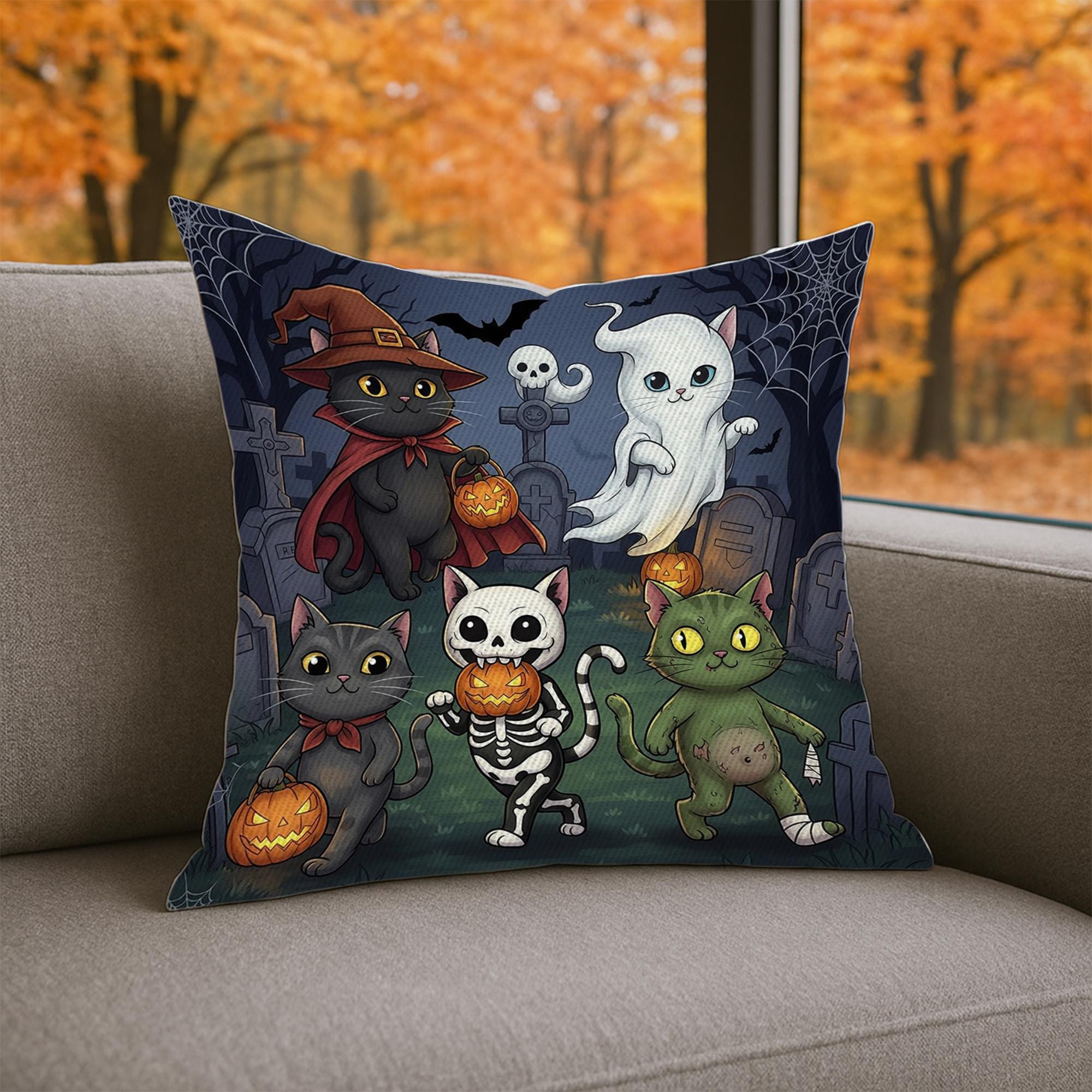 Adorable Halloween Cats Throw Pillow Cover, Spooky Cute Kitties & Ghost Cushion, Pumpkin Graveyard Accent Decor, Fall Home Gift