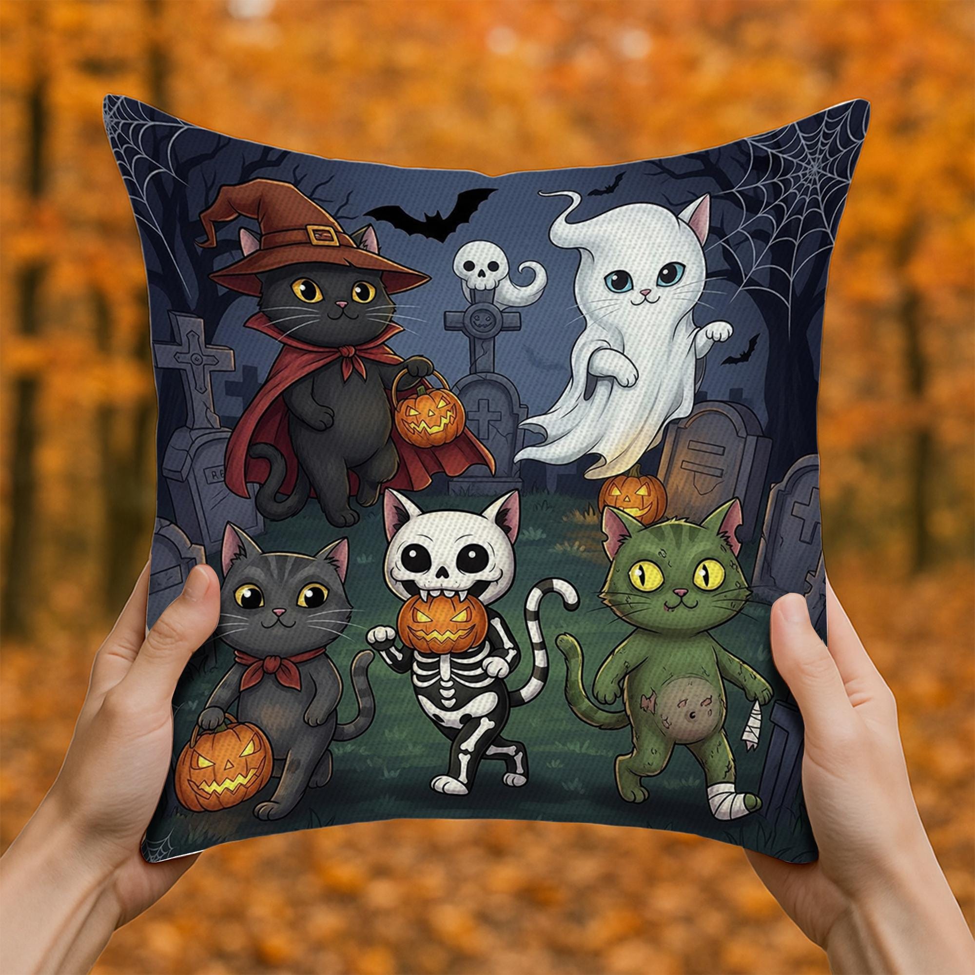 Adorable Halloween Cats Throw Pillow Cover, Spooky Cute Kitties & Ghost Cushion, Pumpkin Graveyard Accent Decor, Fall Home Gift