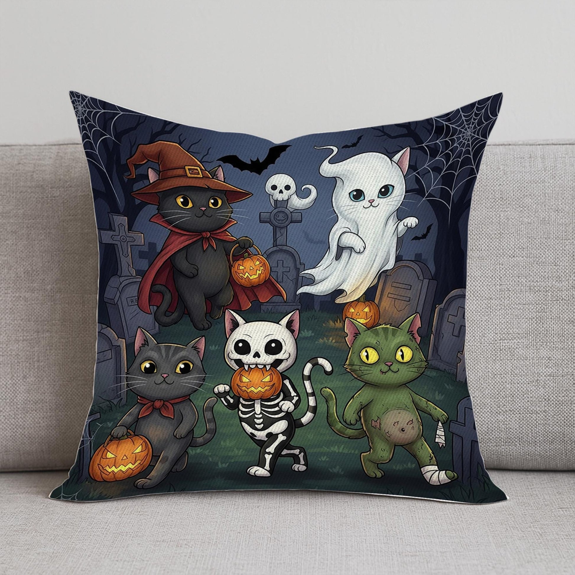 Adorable Halloween Cats Throw Pillow Cover, Spooky Cute Kitties & Ghost Cushion, Pumpkin Graveyard Accent Decor, Fall Home Gift
