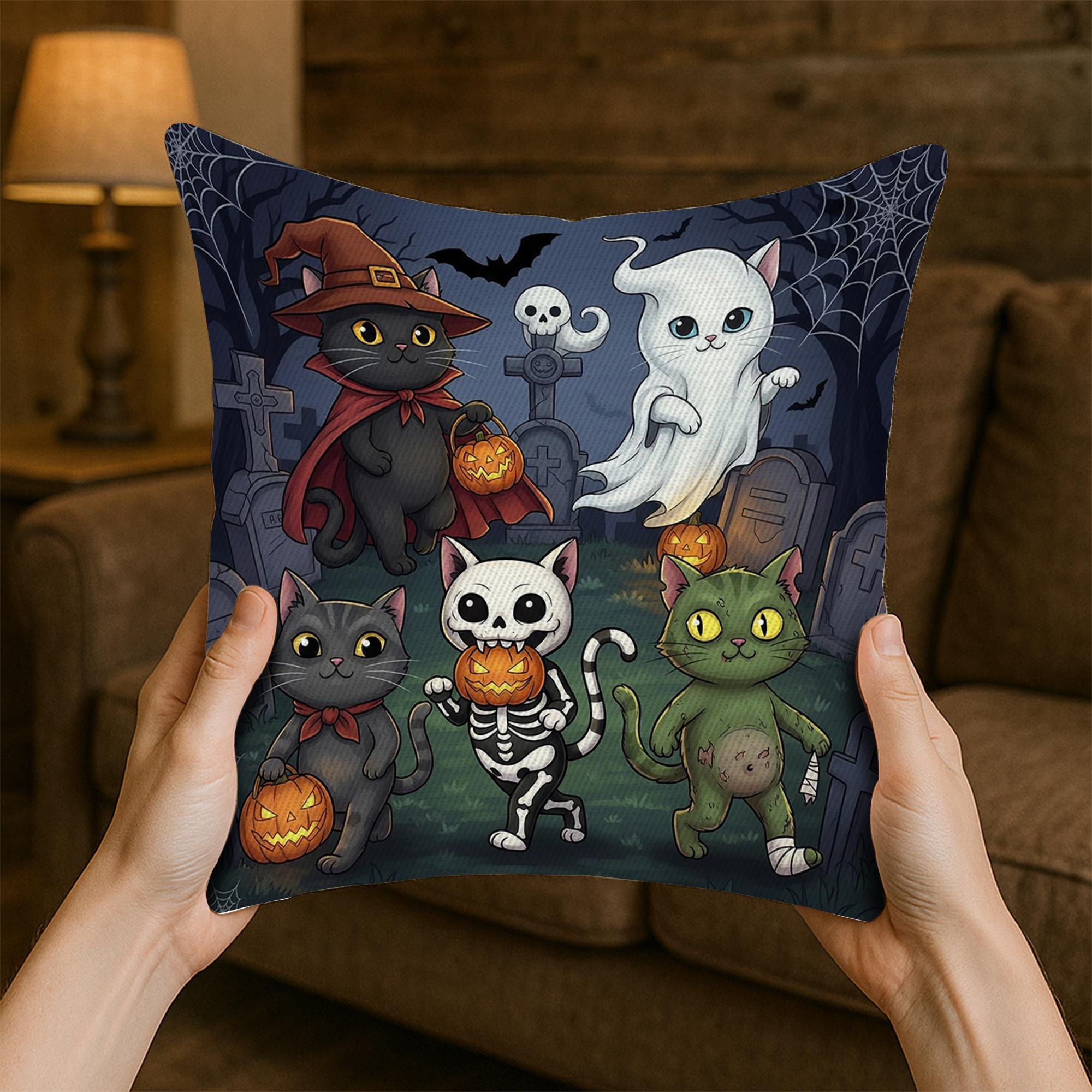 Adorable Halloween Cats Throw Pillow Cover, Spooky Cute Kitties & Ghost Cushion, Pumpkin Graveyard Accent Decor, Fall Home Gift