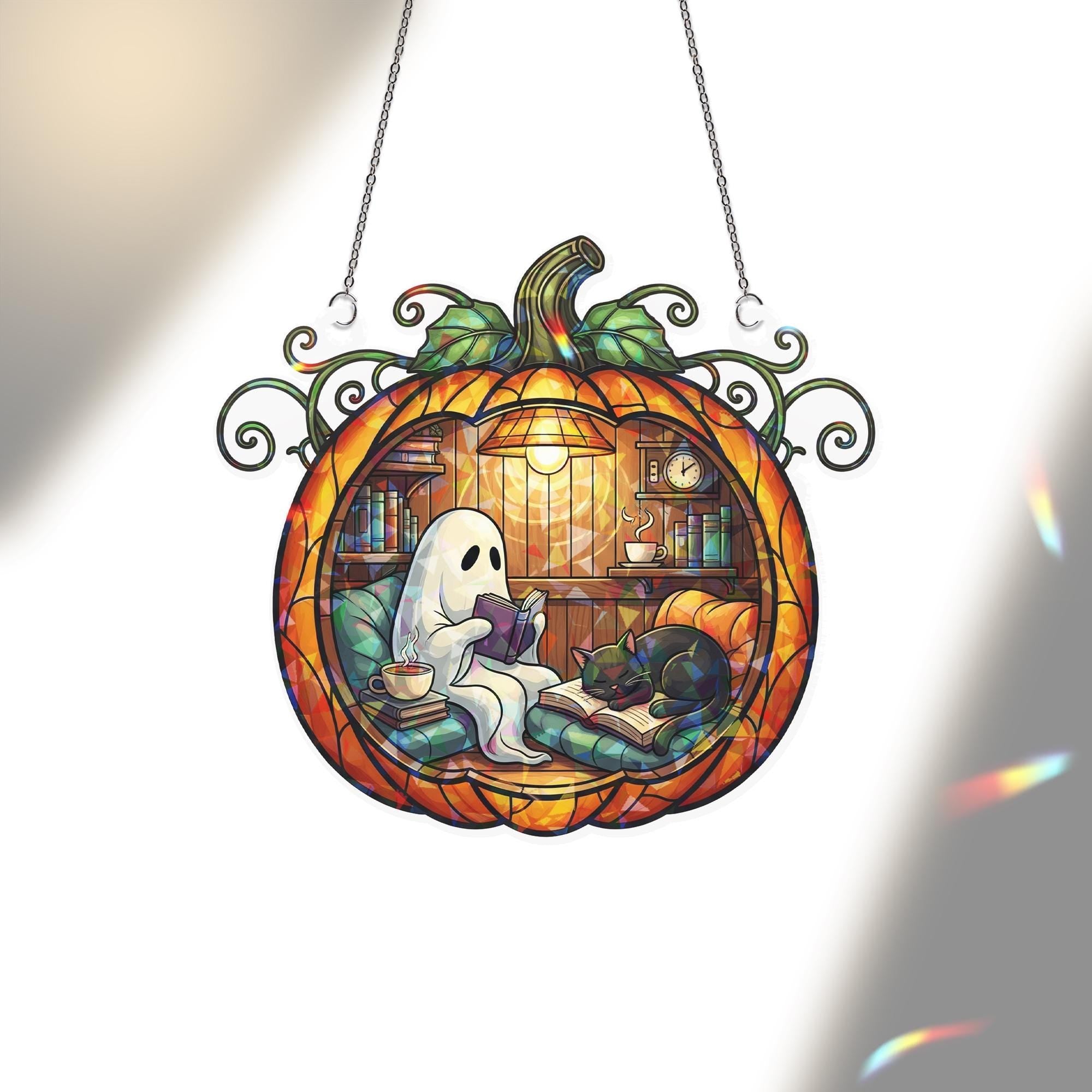 Pumpkin Ghost Cat Acrylic Hanging, Acrylic Halloween Window Decor, Cozy Fall Hologram Hanging, Spooky Reading Sun Catcher, Suncatcher Style