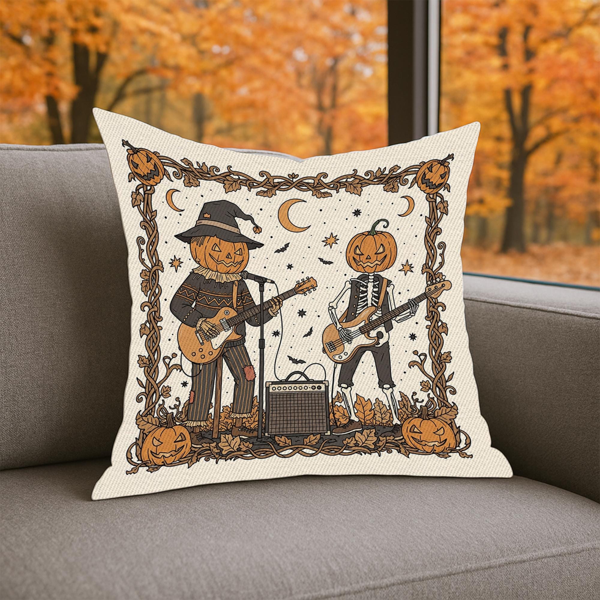 Rock & Roll Halloween Pillow Cover, Pumpkin Skeleton Band Cushion, Spooky Music Fall Decor, Unique Home Accent Gift