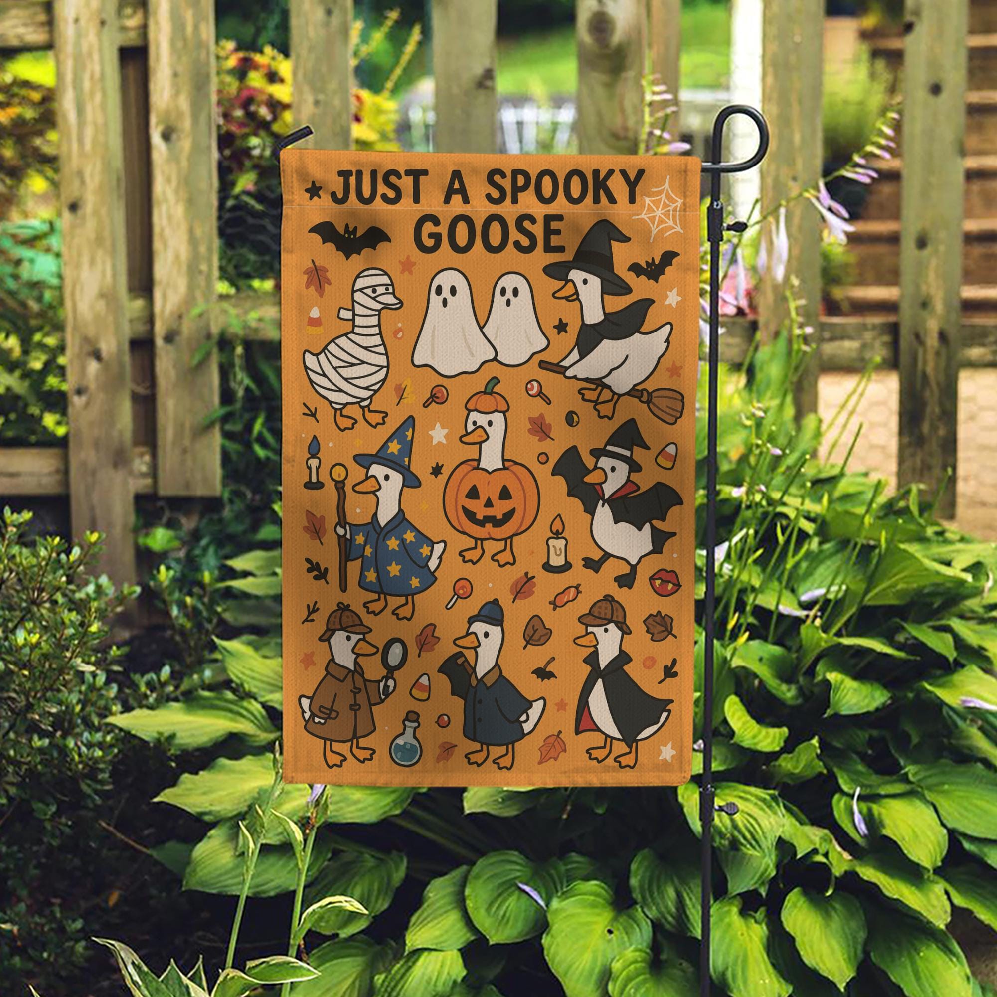 Spooky Goose Halloween Garden Flag, Funny Fall Yard Decor, Witch Pumpkin Ghost Goose Outdoor Sign, Cute Autumn Porch Banner