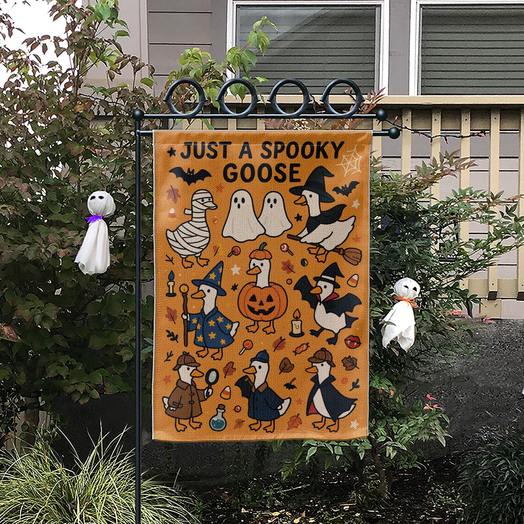 Spooky Goose Halloween Garden Flag, Funny Fall Yard Decor, Witch Pumpkin Ghost Goose Outdoor Sign, Cute Autumn Porch Banner