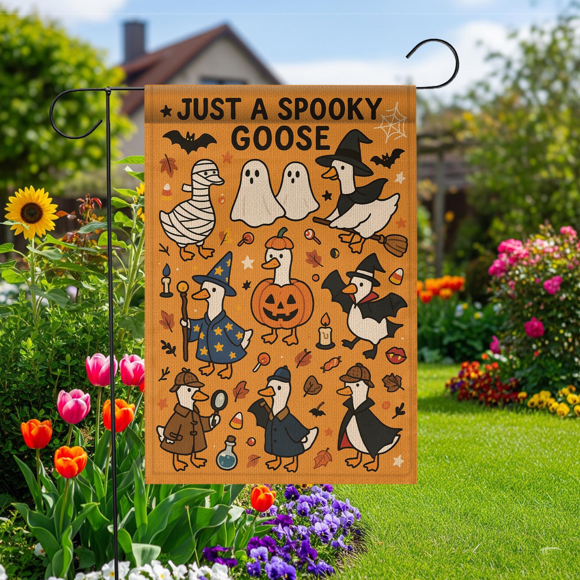 Spooky Goose Halloween Garden Flag, Funny Fall Yard Decor, Witch Pumpkin Ghost Goose Outdoor Sign, Cute Autumn Porch Banner