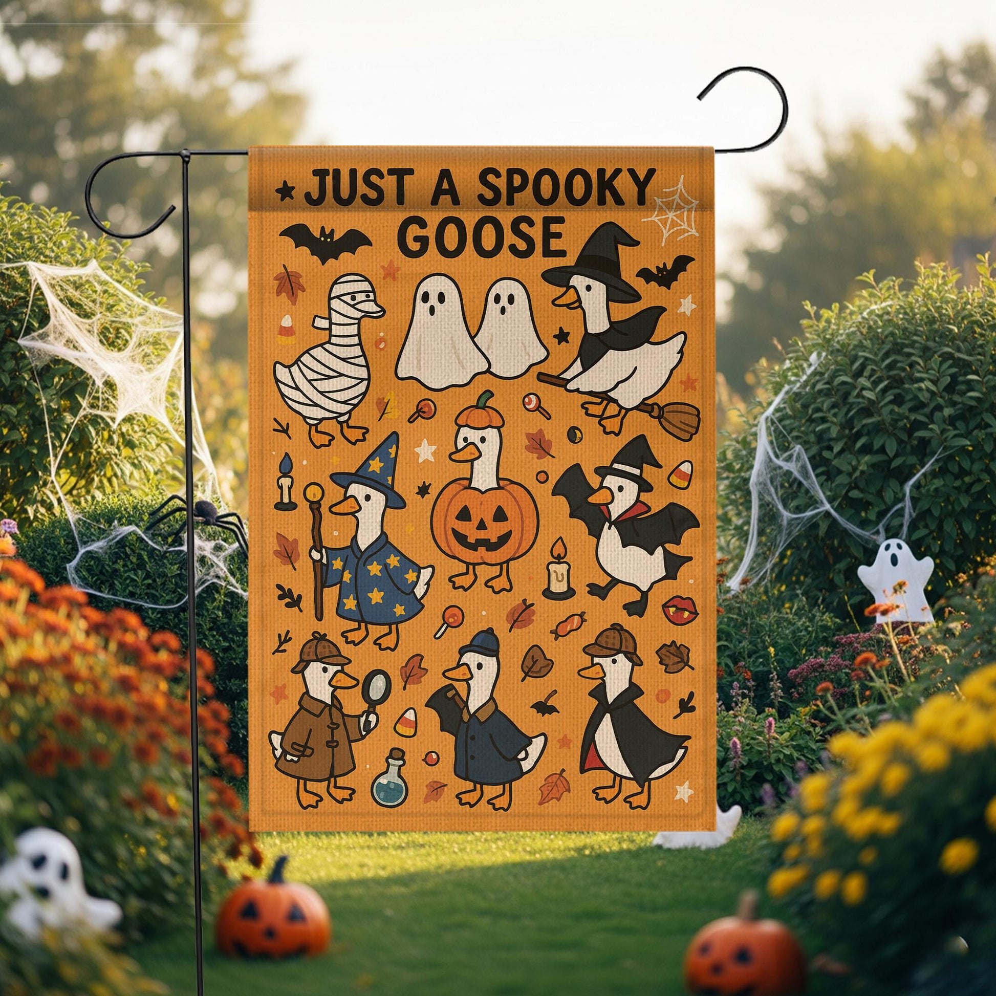 Spooky Goose Halloween Garden Flag, Funny Fall Yard Decor, Witch Pumpkin Ghost Goose Outdoor Sign, Cute Autumn Porch Banner