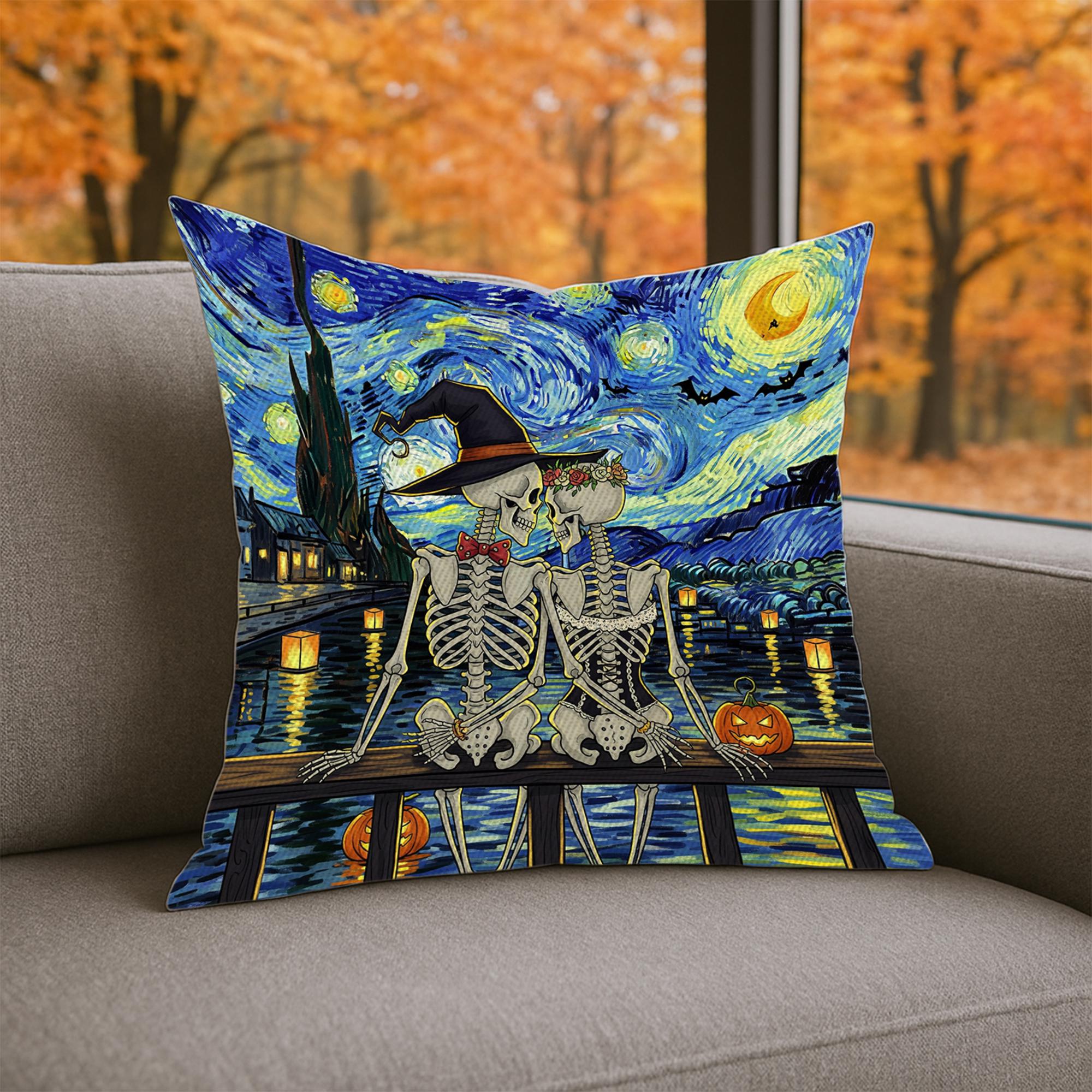 Starry Night Halloween Skeleton Lovers Pillow, Van Gogh Inspired Spooky Couple Cushion, Gothic Fall Decor, Unique Halloween Gift