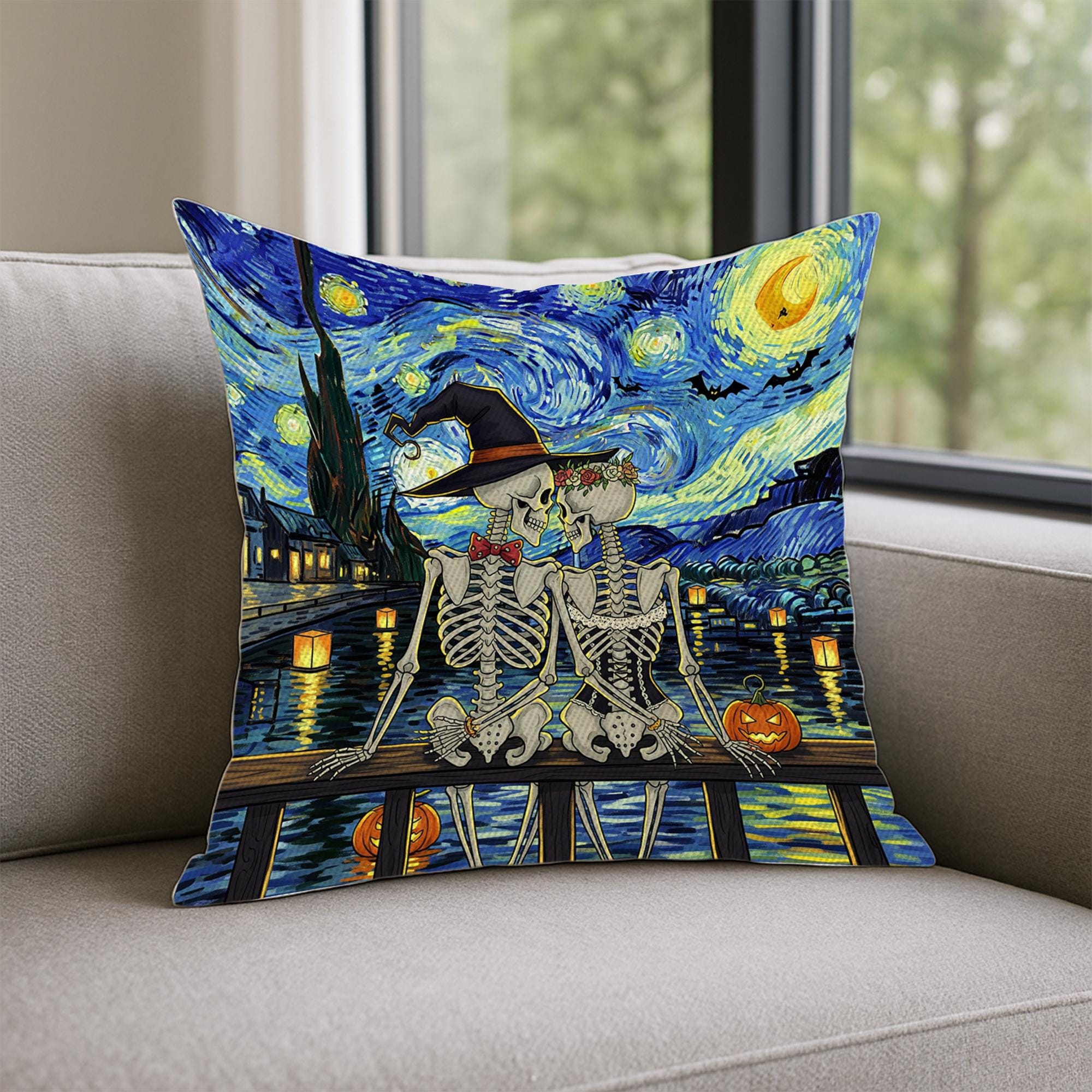 Starry Night Halloween Skeleton Lovers Pillow, Van Gogh Inspired Spooky Couple Cushion, Gothic Fall Decor, Unique Halloween Gift