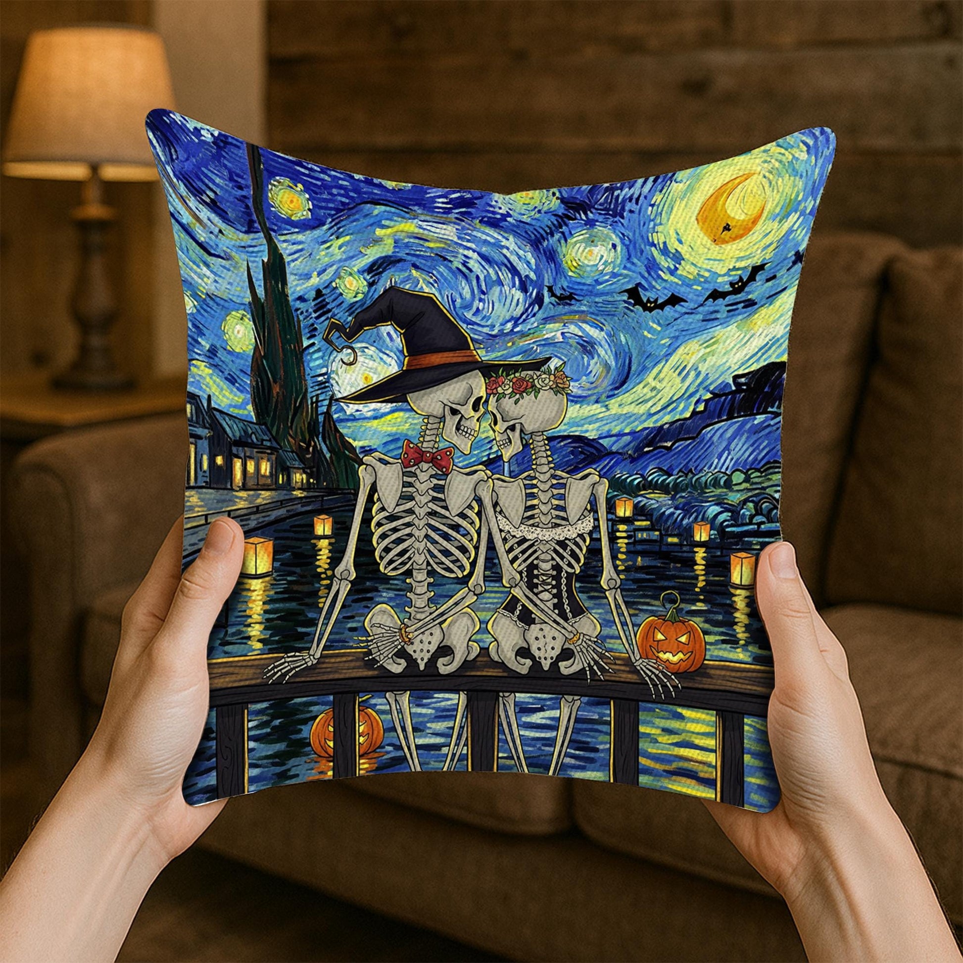 Starry Night Halloween Skeleton Lovers Pillow, Van Gogh Inspired Spooky Couple Cushion, Gothic Fall Decor, Unique Halloween Gift