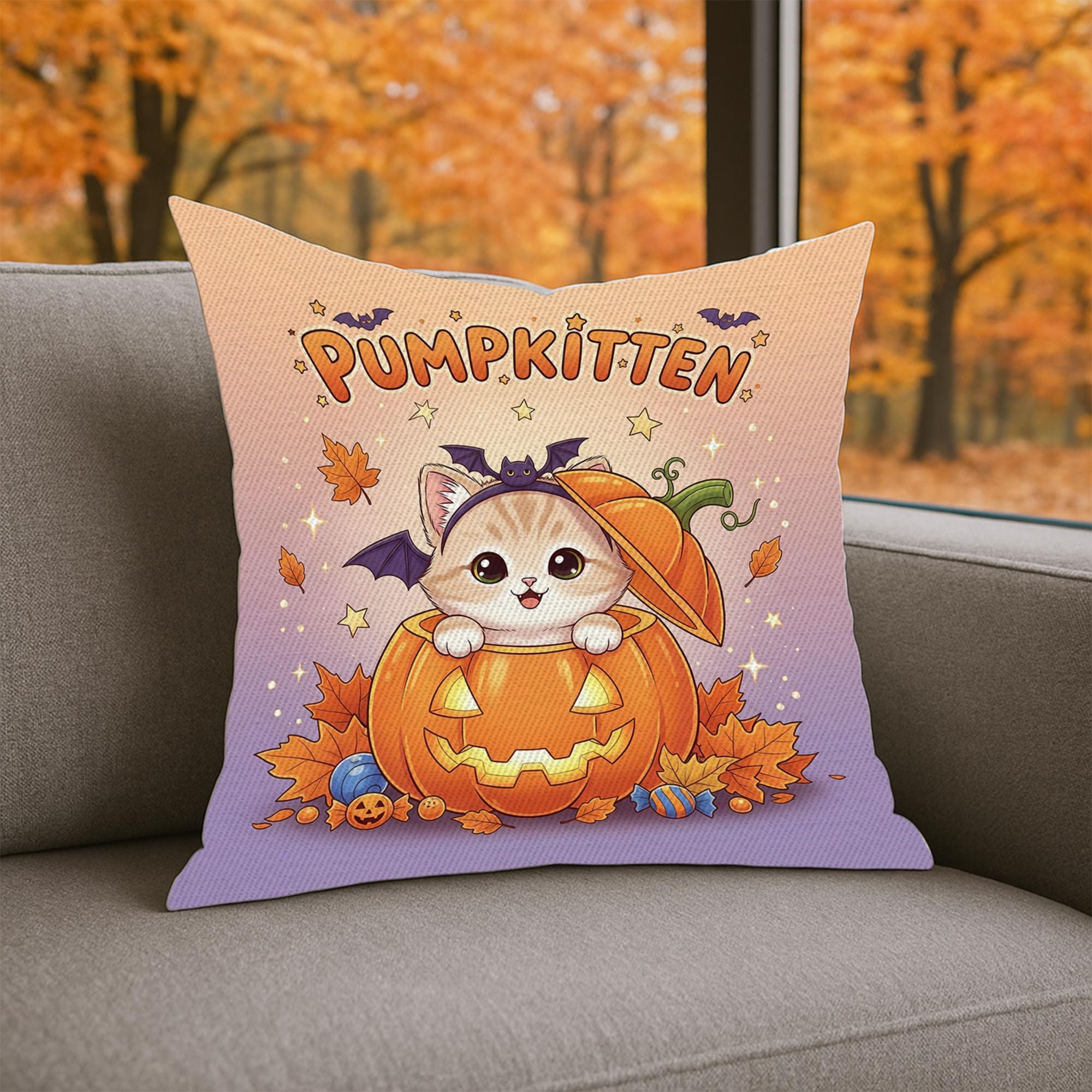 Adorable Pumpkitten Halloween Throw Pillow, Cute Cat in Pumpkin Cushion, Kawaii Fall Accent Decor, Spooky Kitten Home Gift