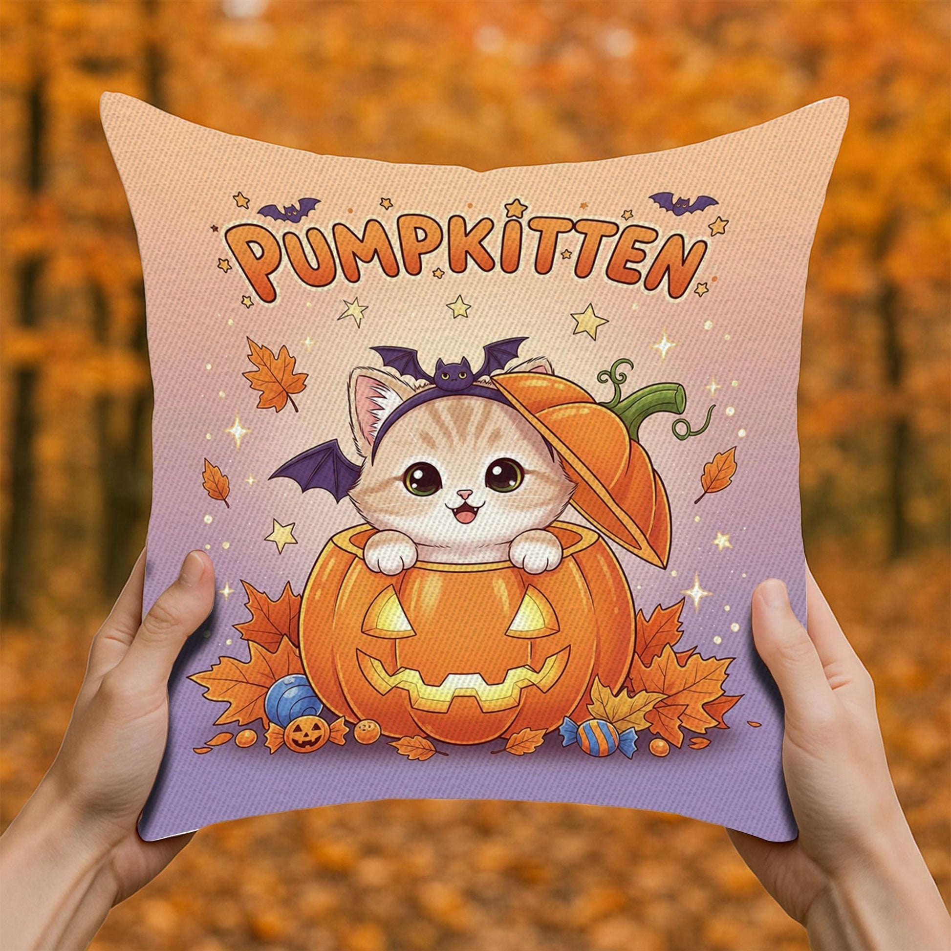 Adorable Pumpkitten Halloween Throw Pillow, Cute Cat in Pumpkin Cushion, Kawaii Fall Accent Decor, Spooky Kitten Home Gift