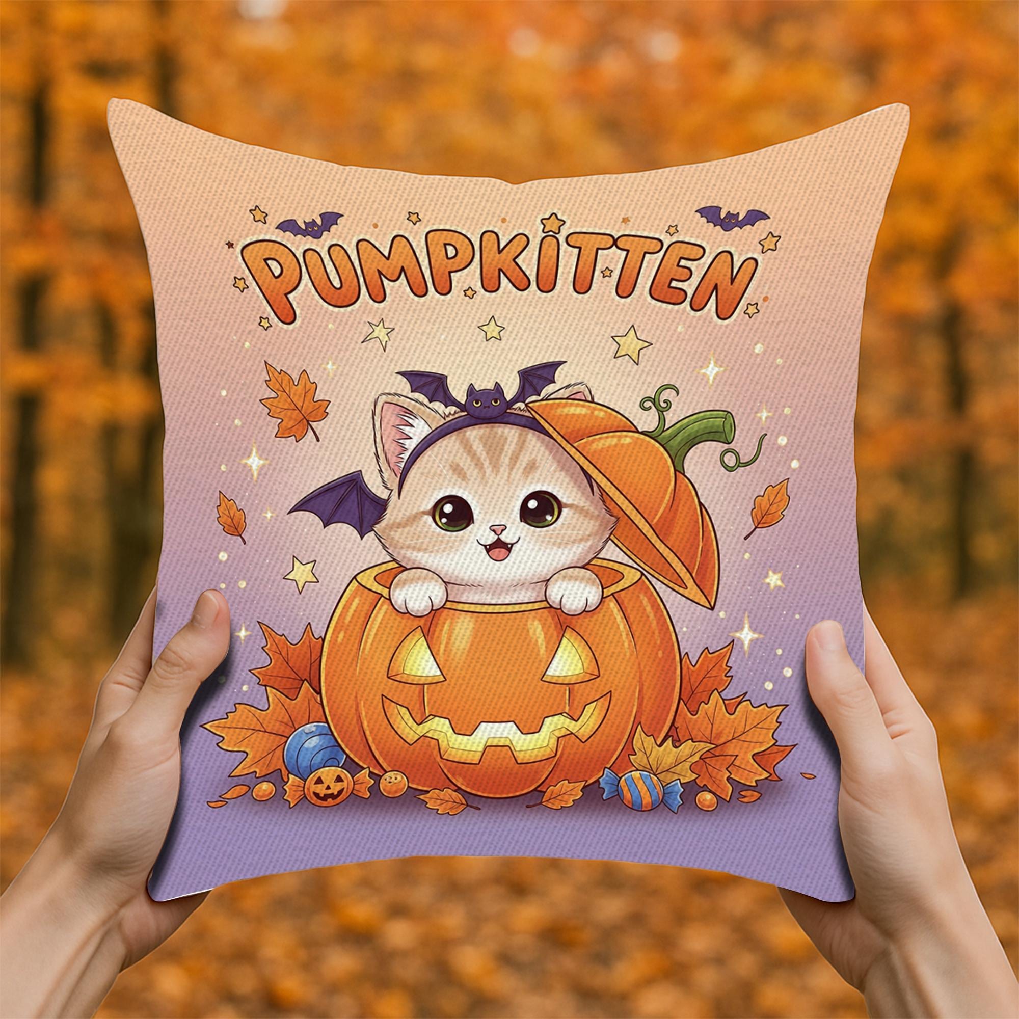 Adorable Pumpkitten Halloween Throw Pillow, Cute Cat in Pumpkin Cushion, Kawaii Fall Accent Decor, Spooky Kitten Home Gift