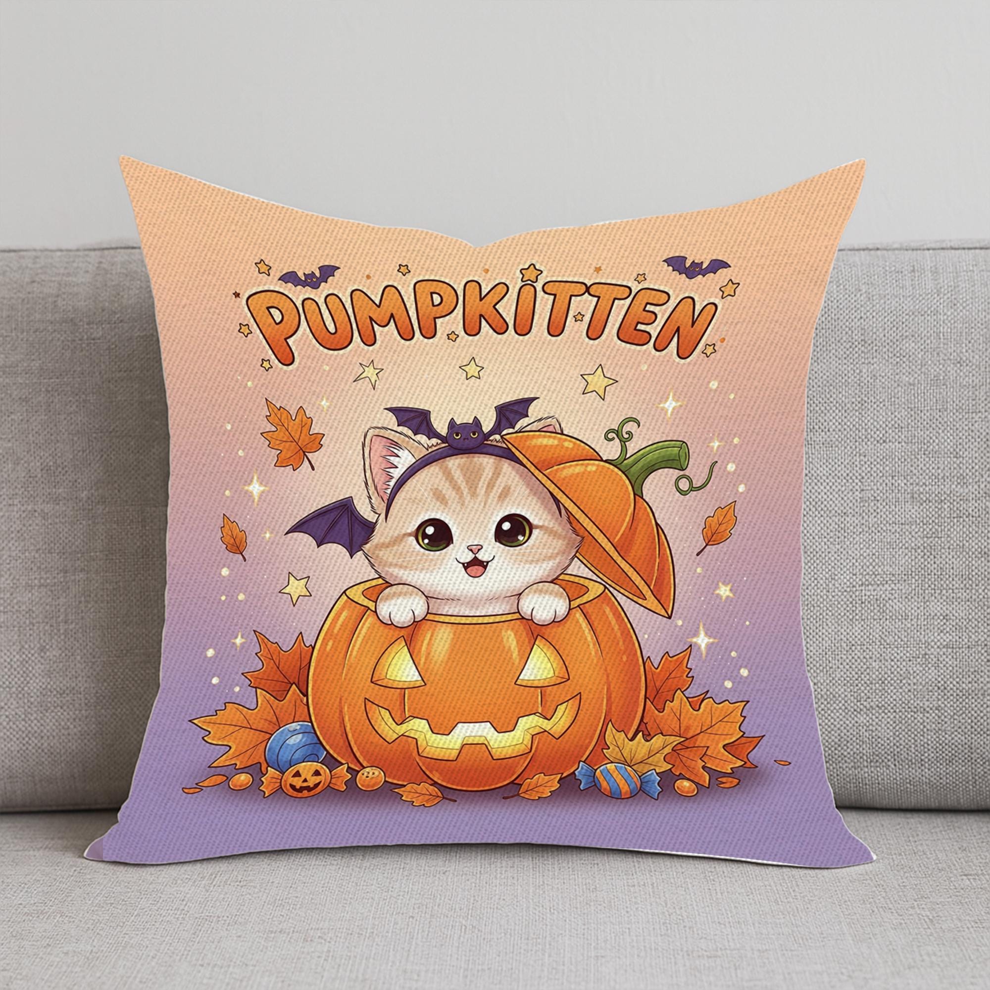 Adorable Pumpkitten Halloween Throw Pillow, Cute Cat in Pumpkin Cushion, Kawaii Fall Accent Decor, Spooky Kitten Home Gift