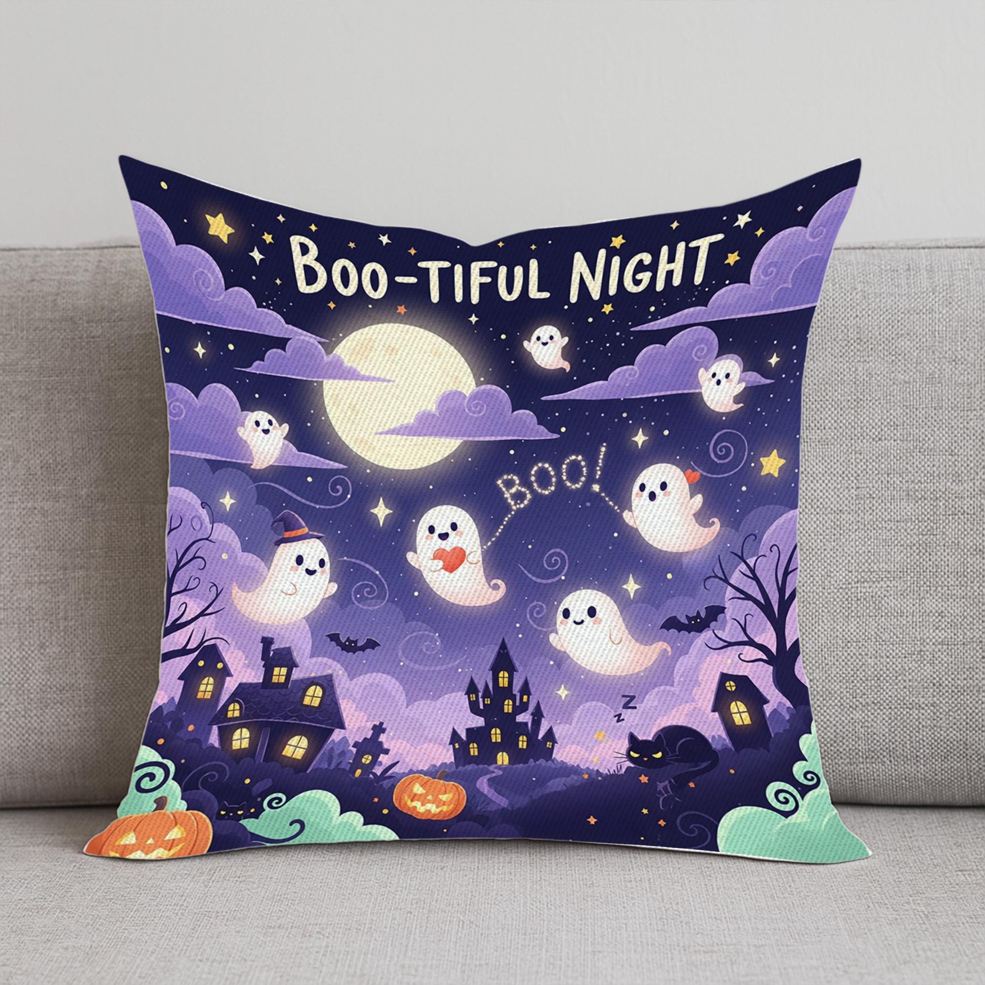 Boo Tiful Night , Halloween Throw Pillow, Cute Ghosts & Haunted House Cushion, Spooky Full Moon Fall Decor, Kids Halloween Gift