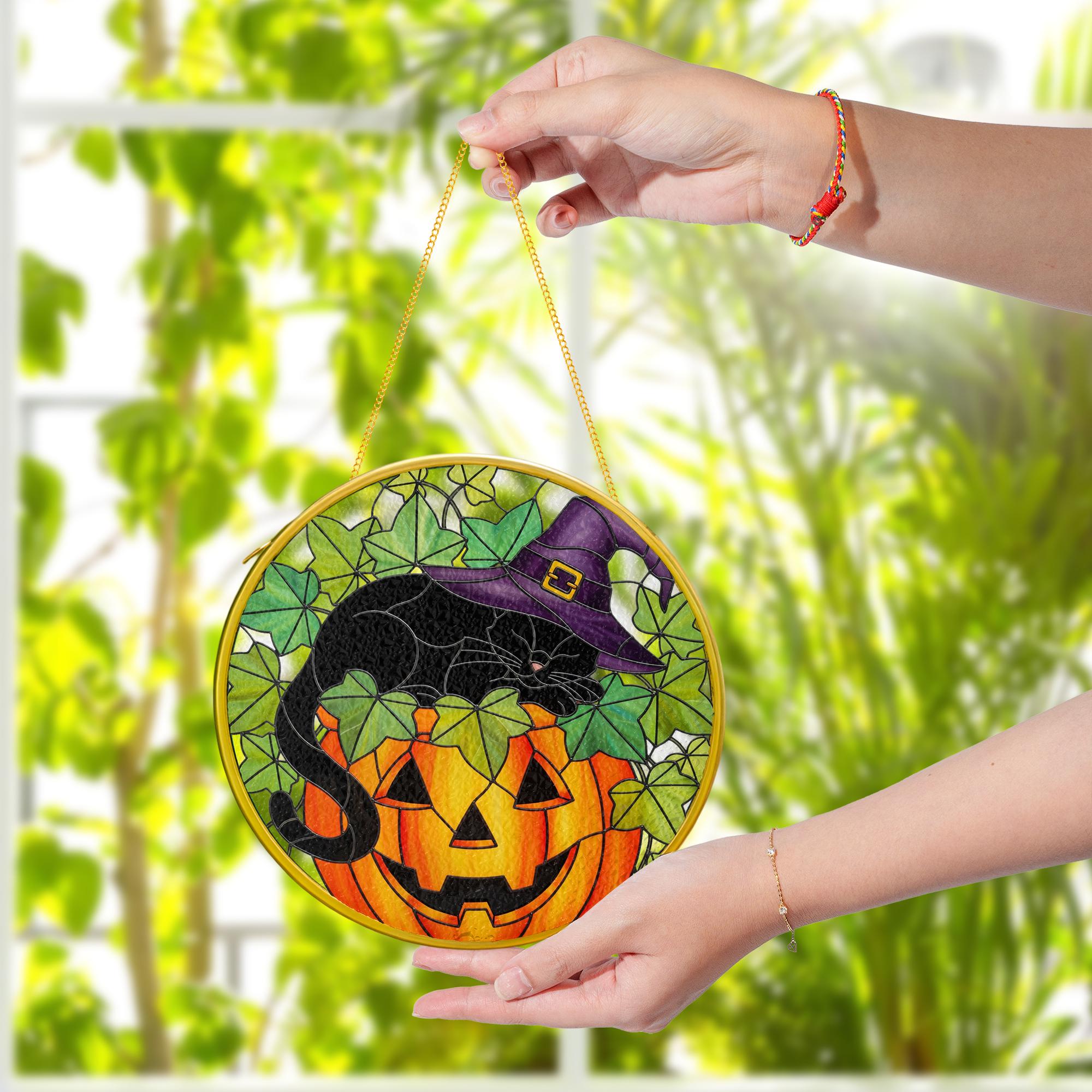 Black Cat Pumpkin Glass Suncatcher – FAUX Stained Glass Halloween Window Hanging – Witch Hat Kitty Fall Home Decor