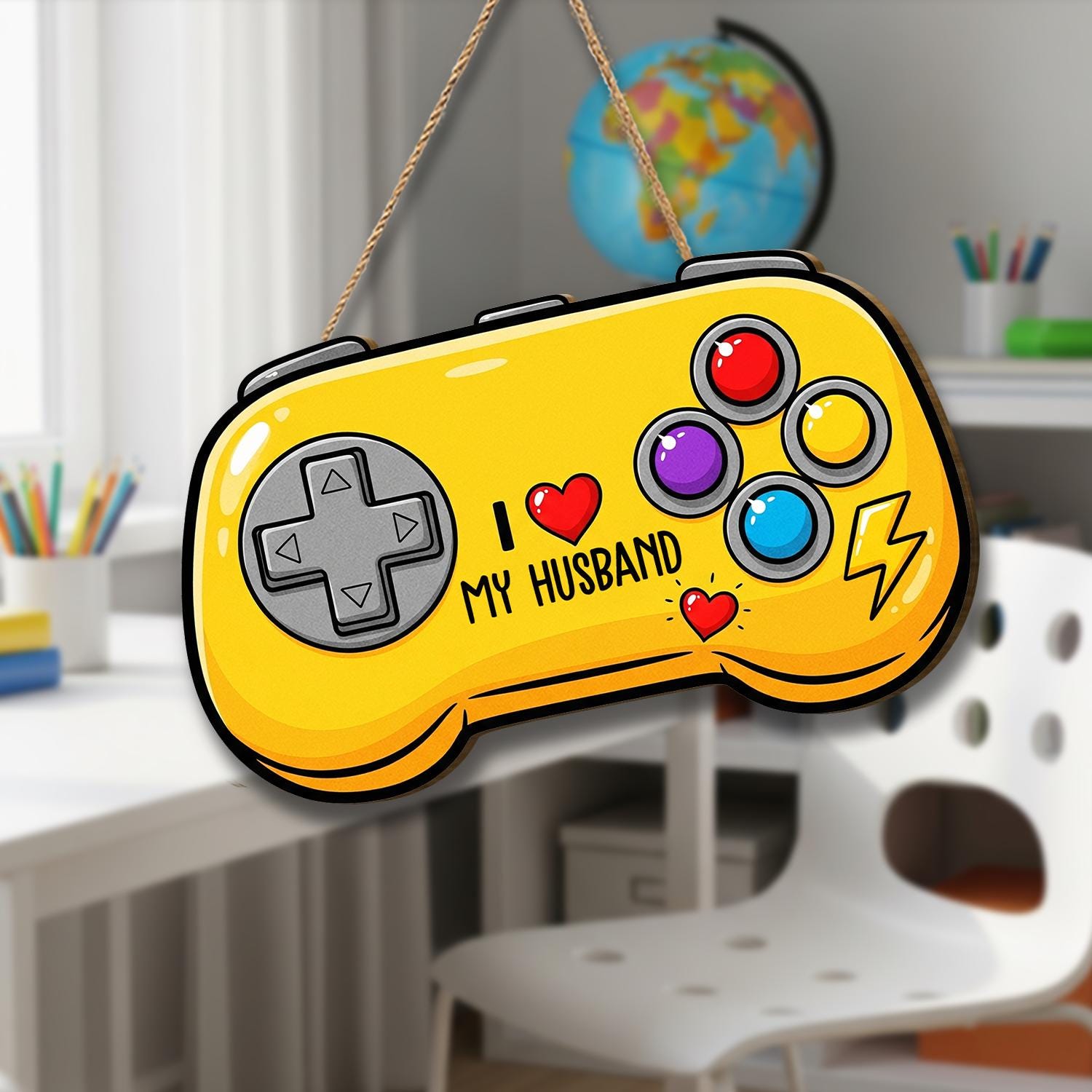 Yellow Game Controller Door Hanger, I Love My Husband, Gamer Decor, Fun Video Game Door Sign, Personalized Husband Gift, Gaming Home Decor