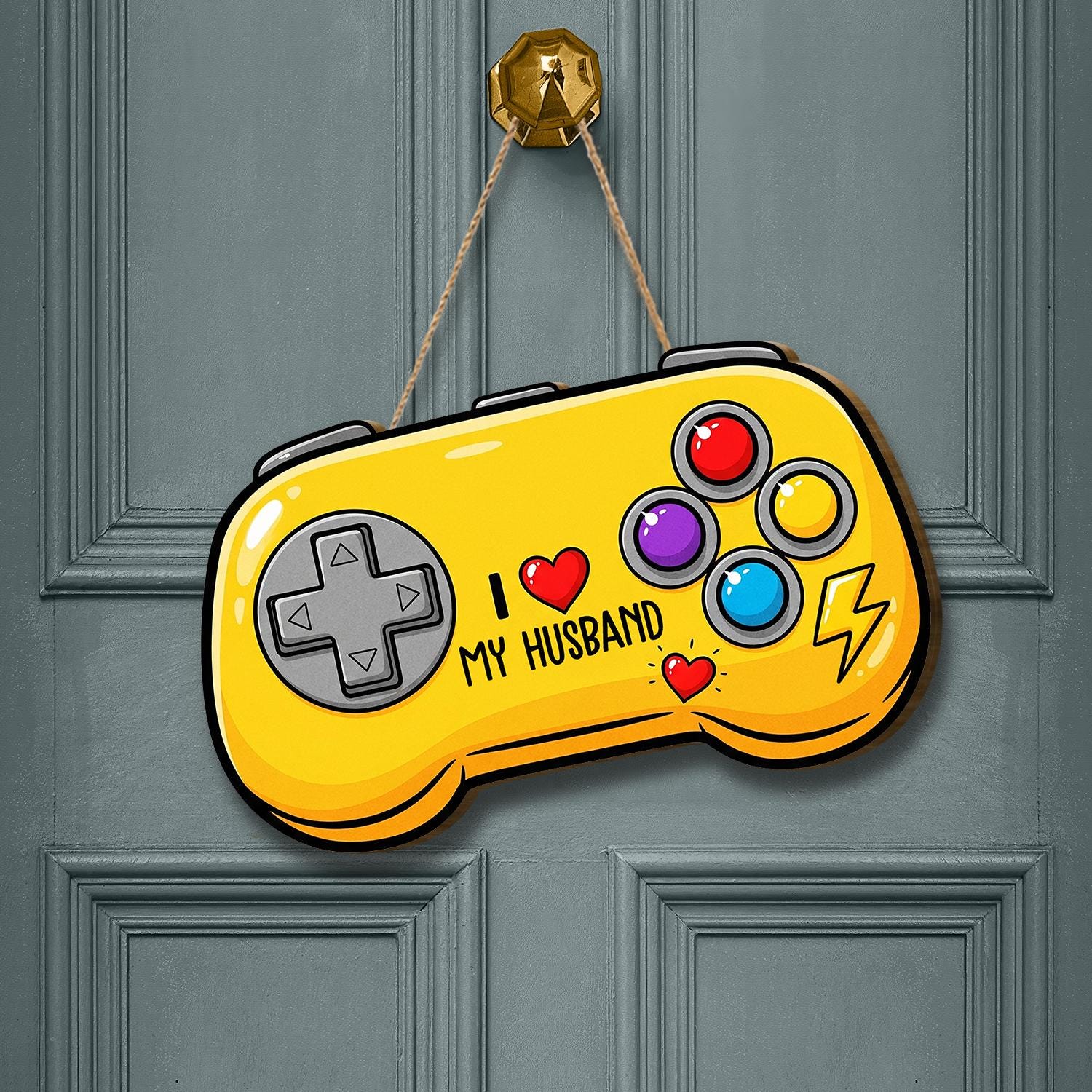 Yellow Game Controller Door Hanger, I Love My Husband, Gamer Decor, Fun Video Game Door Sign, Personalized Husband Gift, Gaming Home Decor
