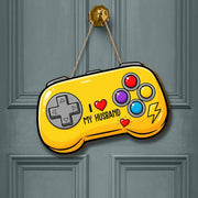 Yellow Game Controller Door Hanger, I Love My Husband, Gamer Decor, Fun Video Game Door Sign, Personalized Husband Gift, Gaming Home Decor
