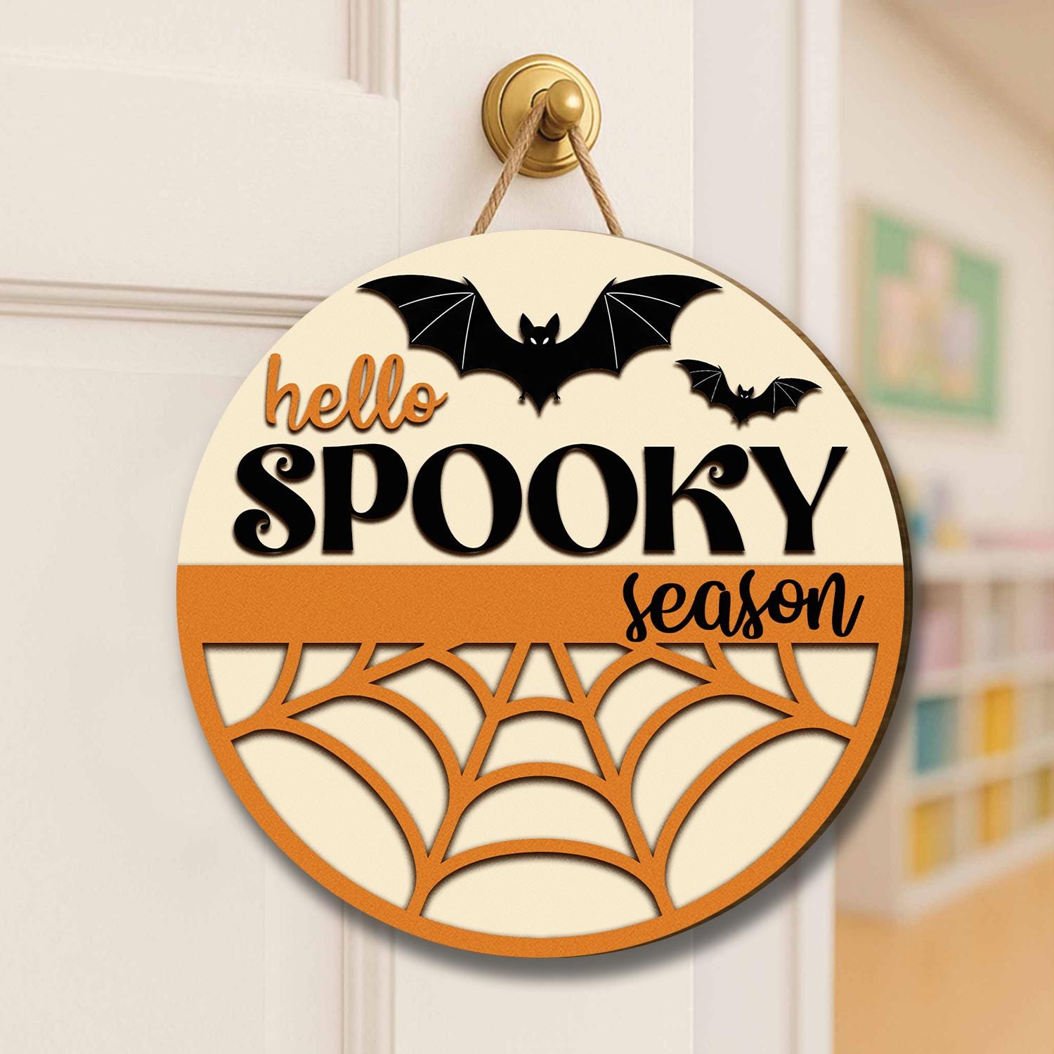Hello Spooky Season Door Hanger - Halloween Decor with Bat & Spider Web Design, Fall Door Sign, Trick or Treat Home Decoration