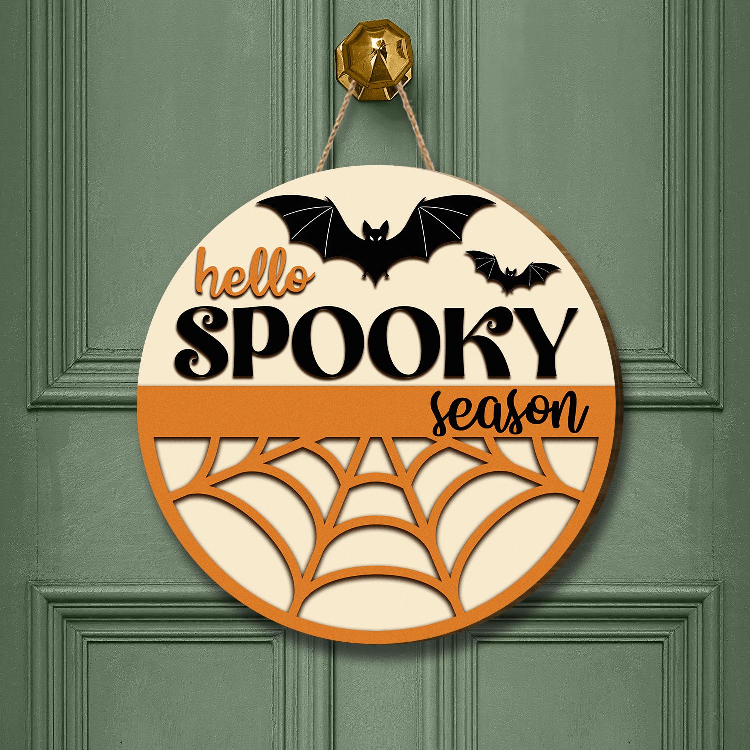 Hello Spooky Season Door Hanger - Halloween Decor with Bat & Spider Web Design, Fall Door Sign, Trick or Treat Home Decoration