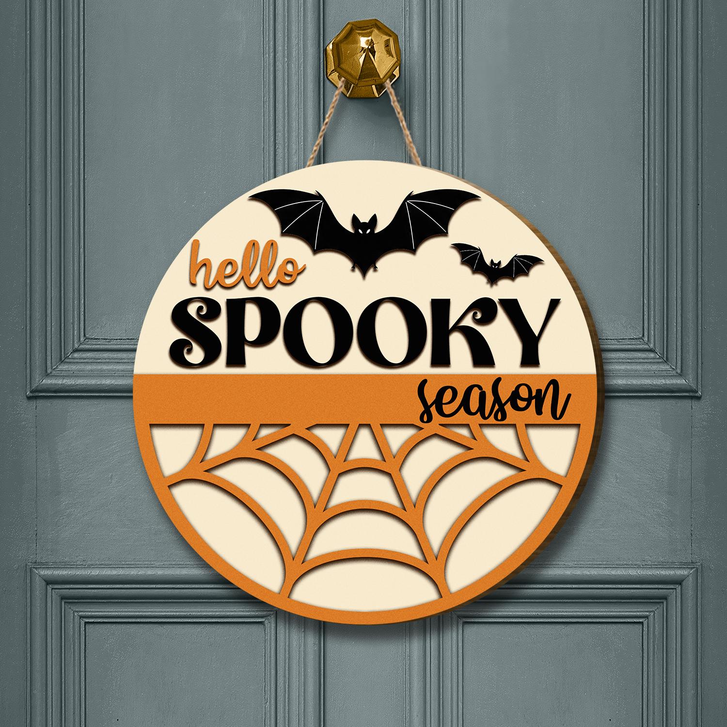 Hello Spooky Season Door Hanger - Halloween Decor with Bat & Spider Web Design, Fall Door Sign, Trick or Treat Home Decoration