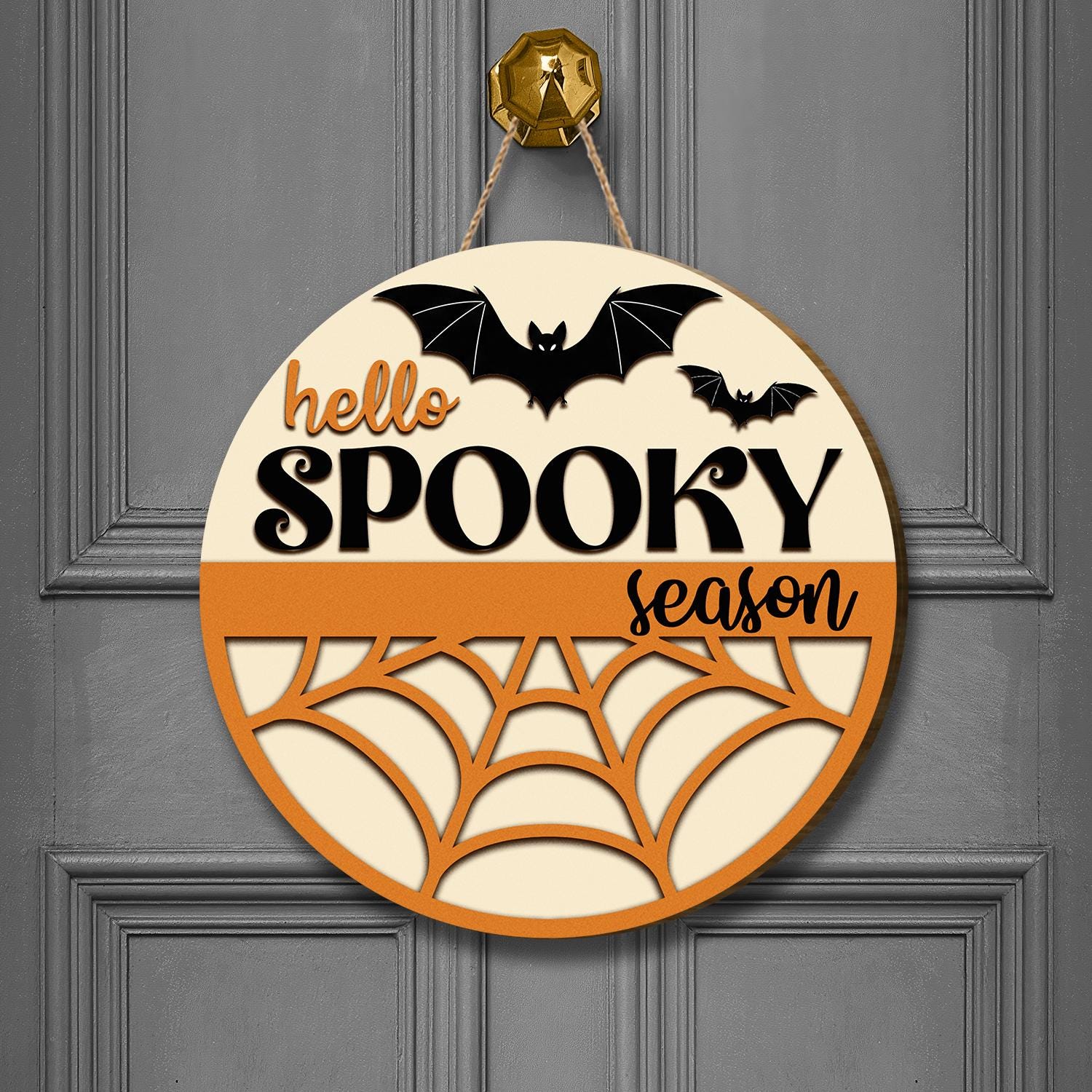 Hello Spooky Season Door Hanger - Halloween Decor with Bat & Spider Web Design, Fall Door Sign, Trick or Treat Home Decoration
