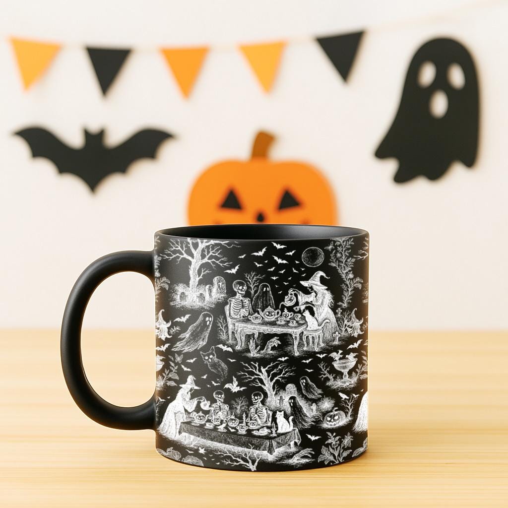 Halloween Toile de Jouy Mug – Spooky Ghost Toile Ceramic Coffee Cup, Halloween Vintage Pattern, Fall Gothic Home Decor Mug