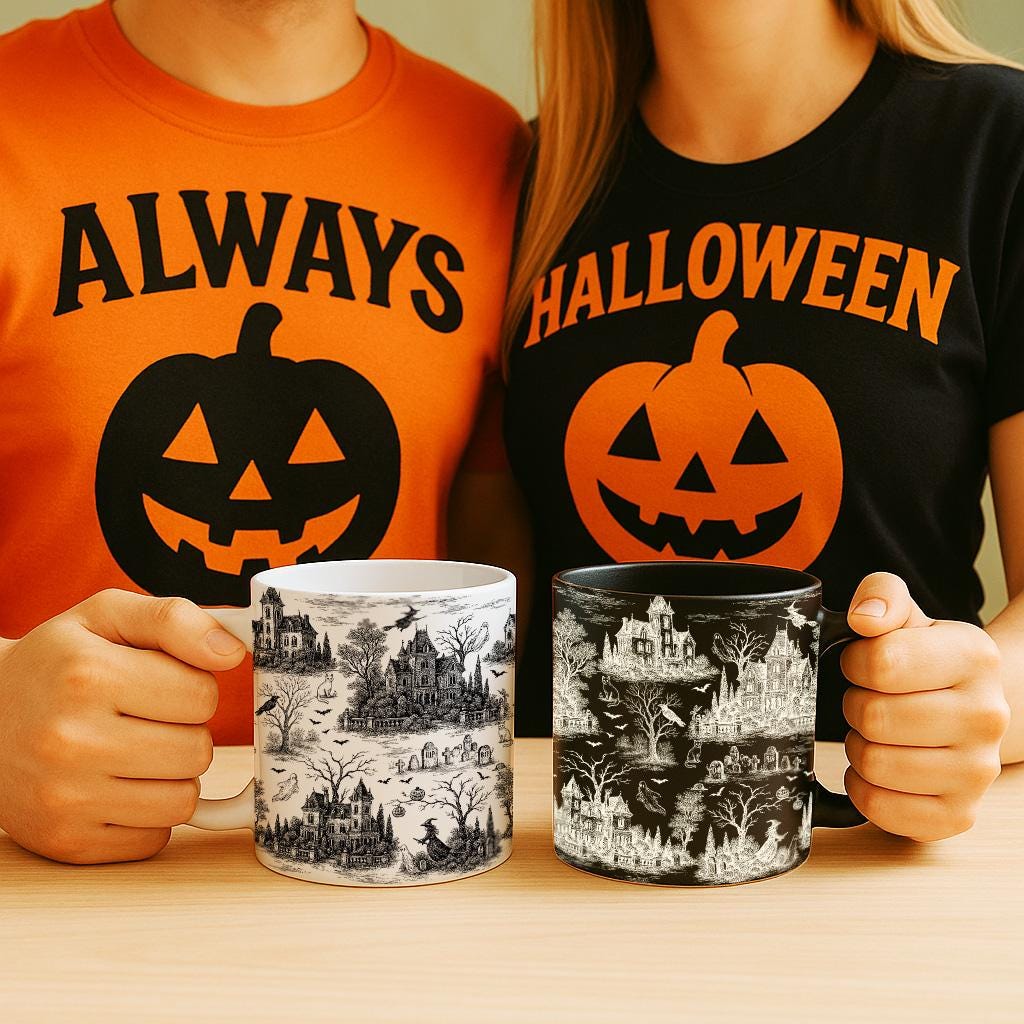 Halloween Toile de Jouy Mug – Spooky Ghost Toile Ceramic Coffee Cup, Halloween Vintage Pattern, Fall Gothic Home Decor Mug