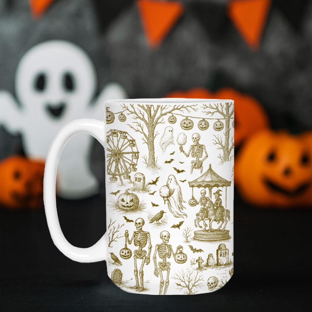 Halloween Toile de Jouy Mug – Spooky Ghost Toile Ceramic Coffee Cup, Halloween Vintage Pattern, Fall Gothic Home Decor Mug
