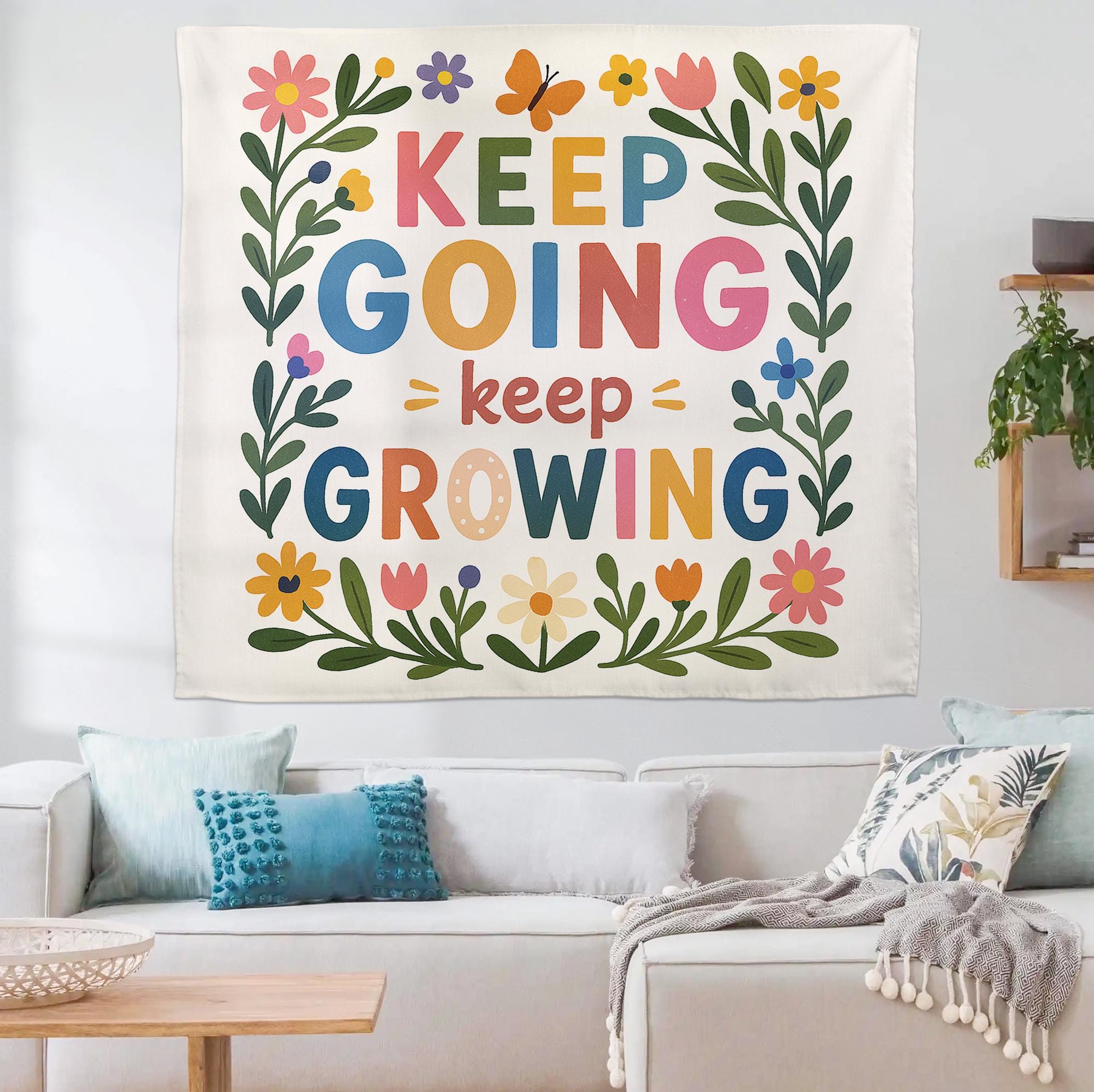 Keep Going Keep Growing Tapestry, Motivational Classroom Wall Hanging, Positive Quote Floral Decor, Teacher School Room Art