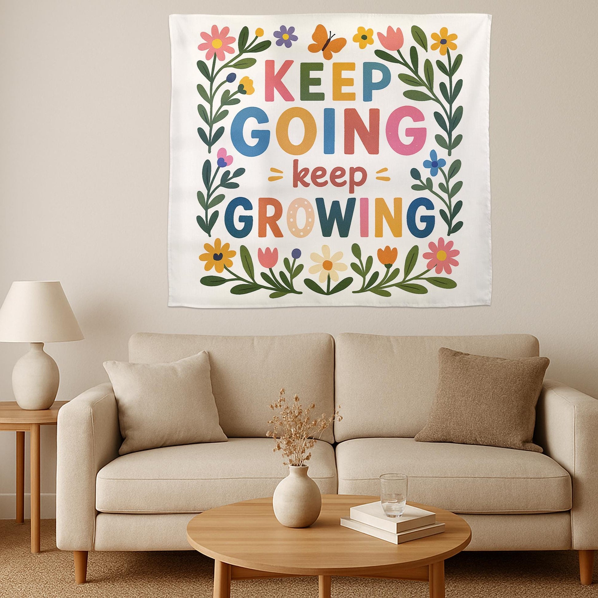 Keep Going Keep Growing Tapestry, Motivational Classroom Wall Hanging, Positive Quote Floral Decor, Teacher School Room Art