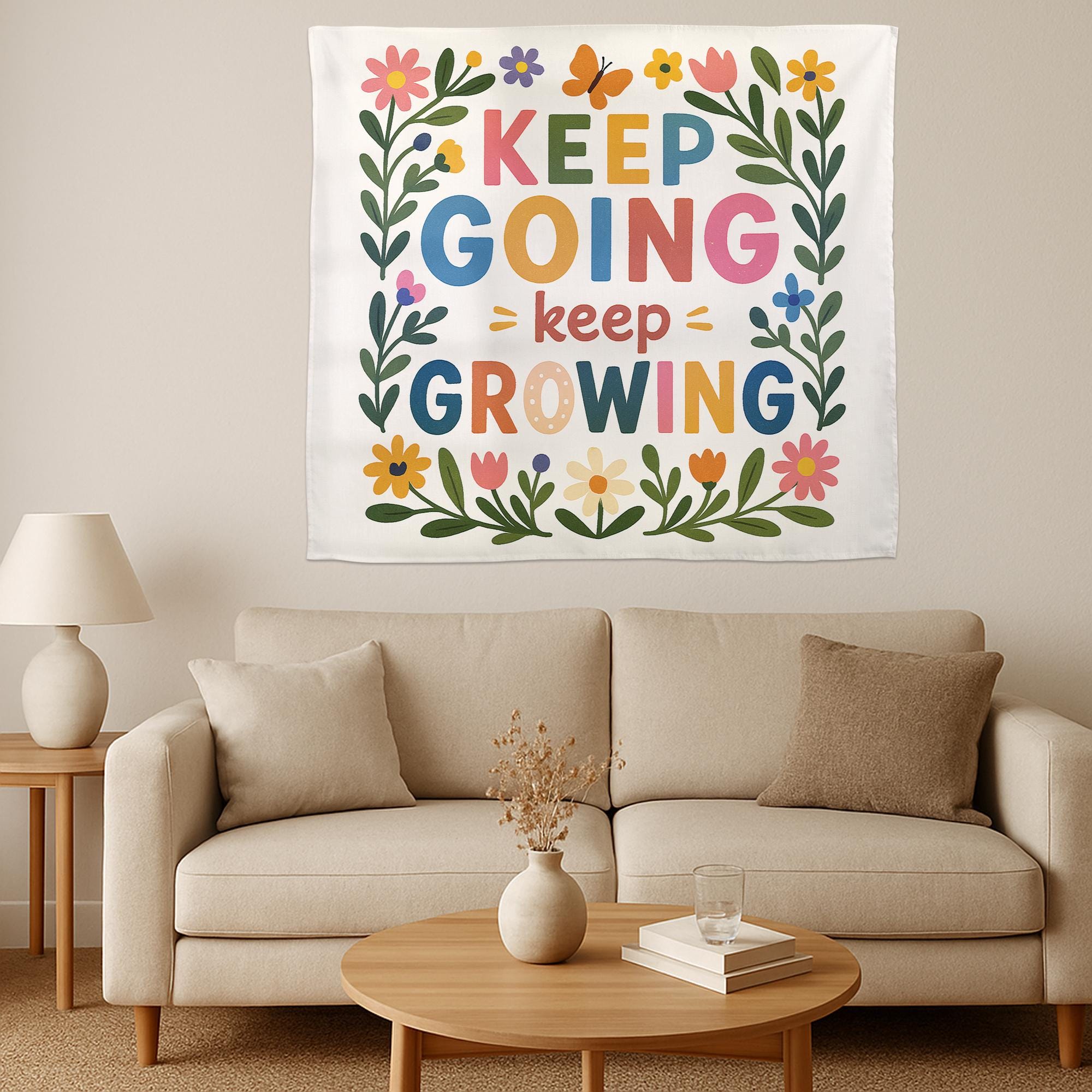 Keep Going Keep Growing Tapestry, Motivational Classroom Wall Hanging, Positive Quote Floral Decor, Teacher School Room Art