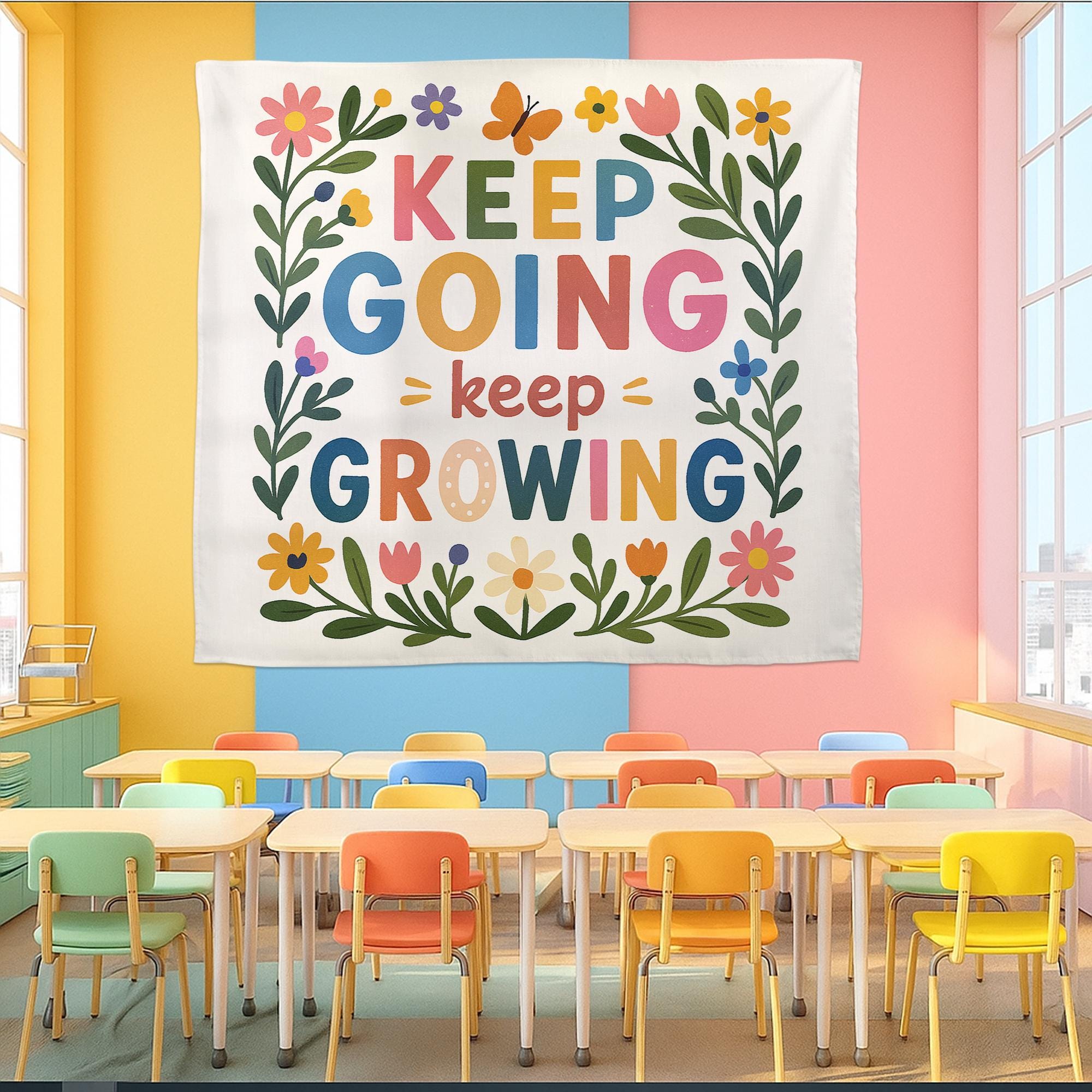 Keep Going Keep Growing Tapestry, Motivational Classroom Wall Hanging, Positive Quote Floral Decor, Teacher School Room Art