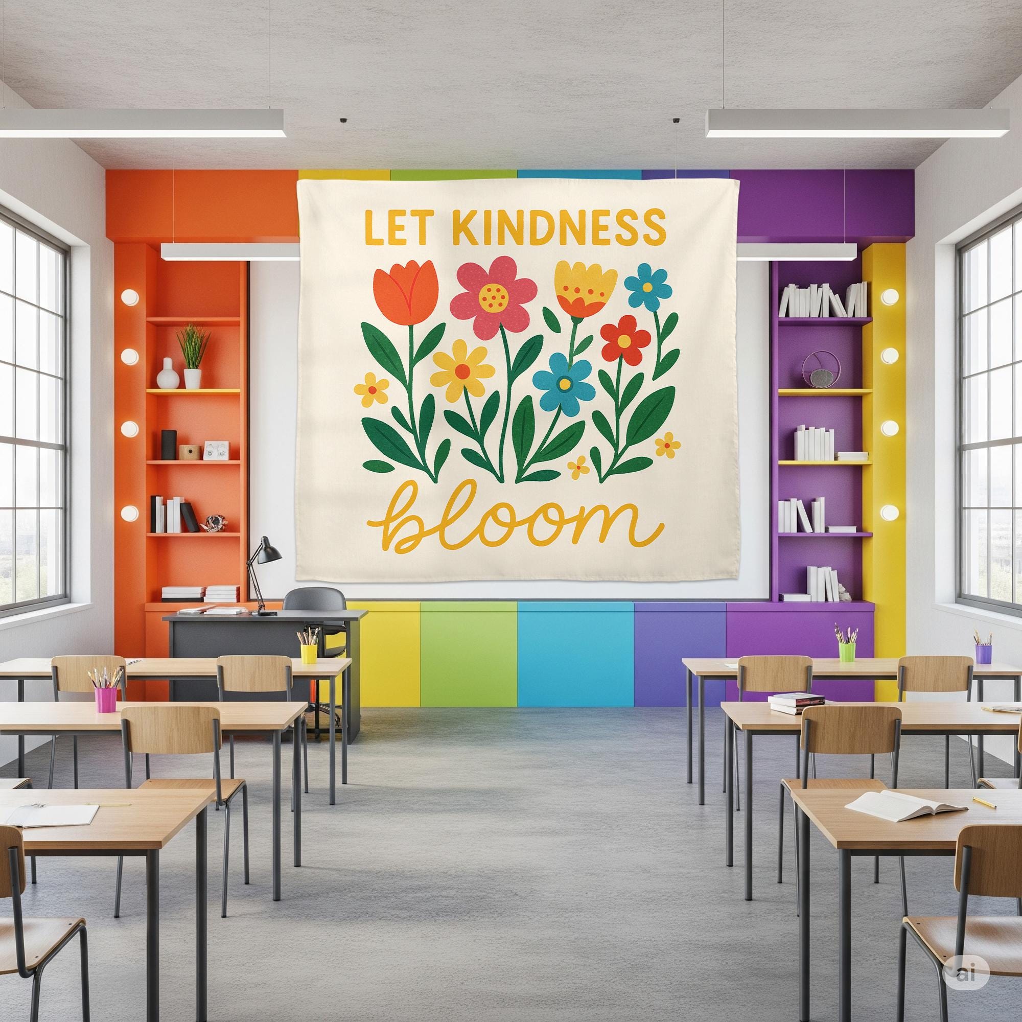 Let Kindness Bloom Tapestry, Motivational Floral Wall Hanging, Positive Quote Classroom Decor, Teacher School Room Wall Art