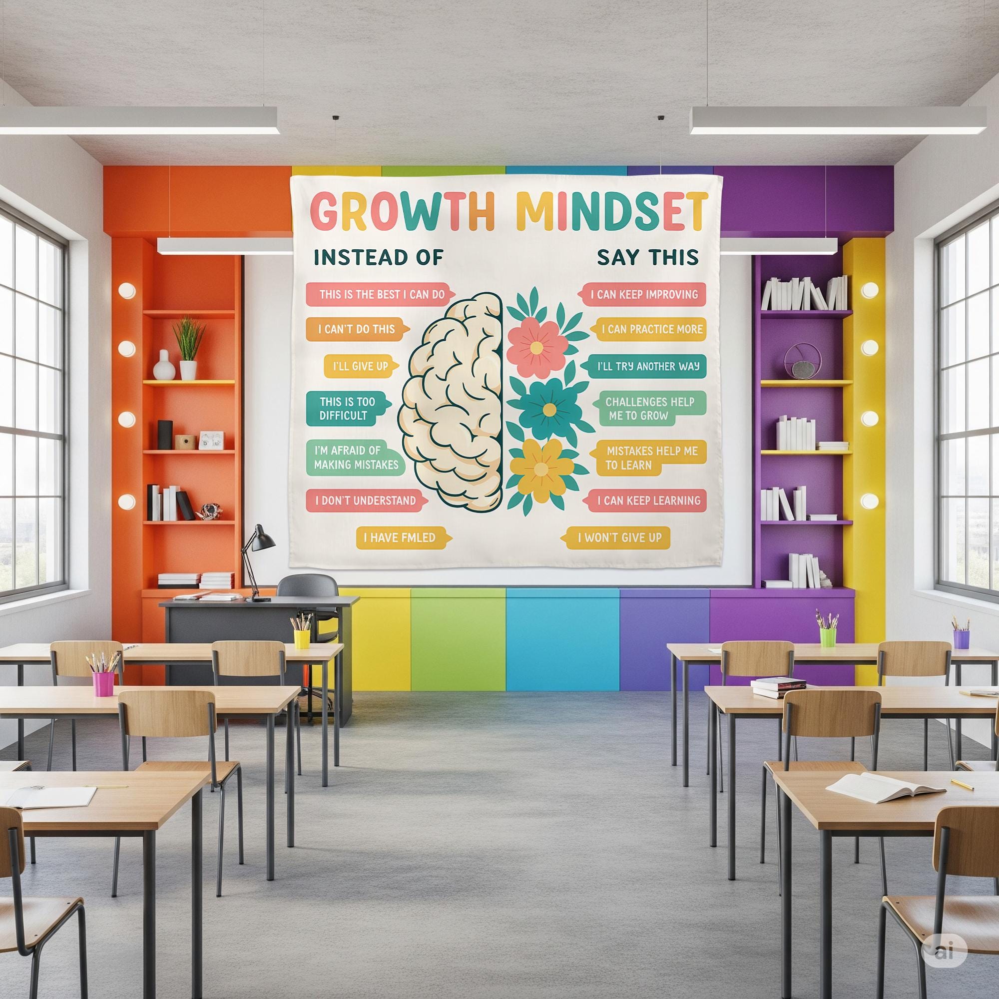 Growth Mindset Tapestry, Classroom Motivational Wall Hanging, Positive Quote Teacher Decor, Educational School Room Wall Art