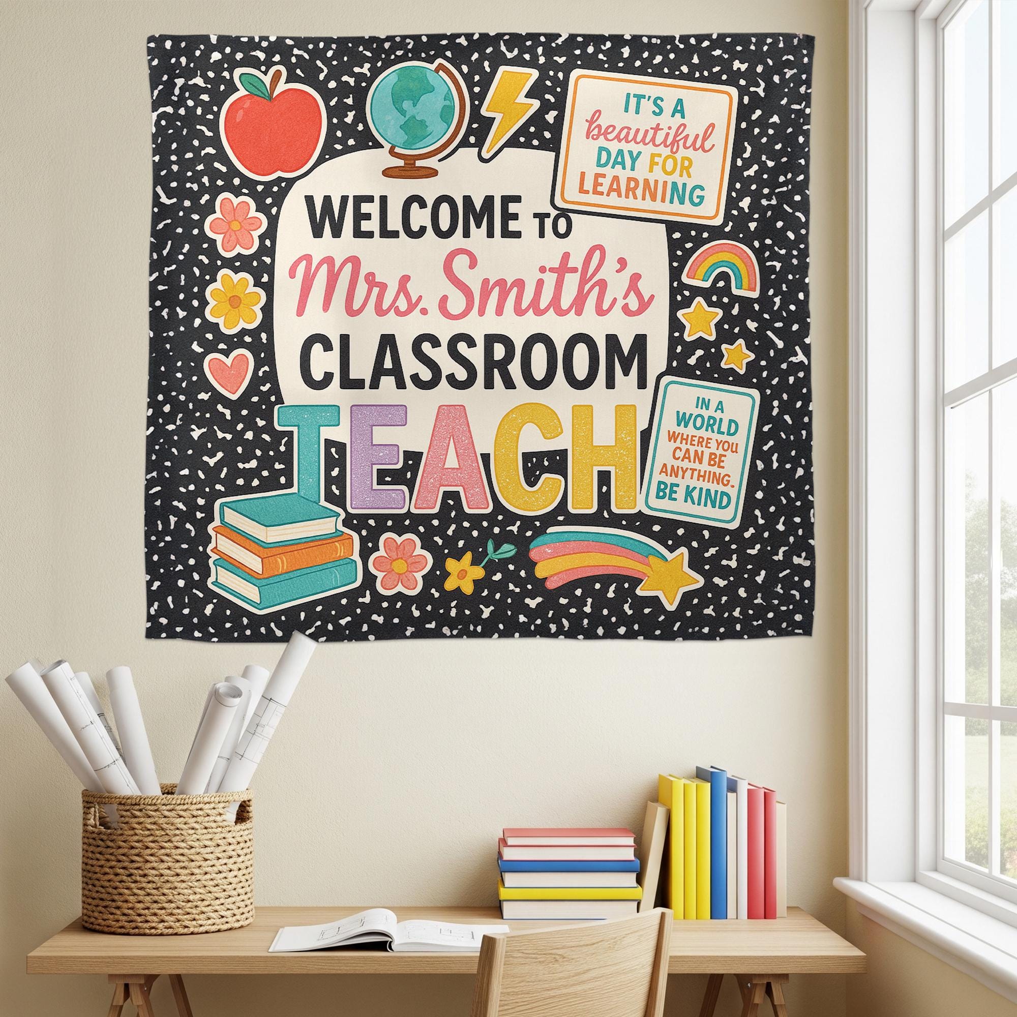 Welcome to Classroom Tapestry, Personalized Teacher Wall Hanging, Colorful School Room Decor, Back to School Teacher Gift