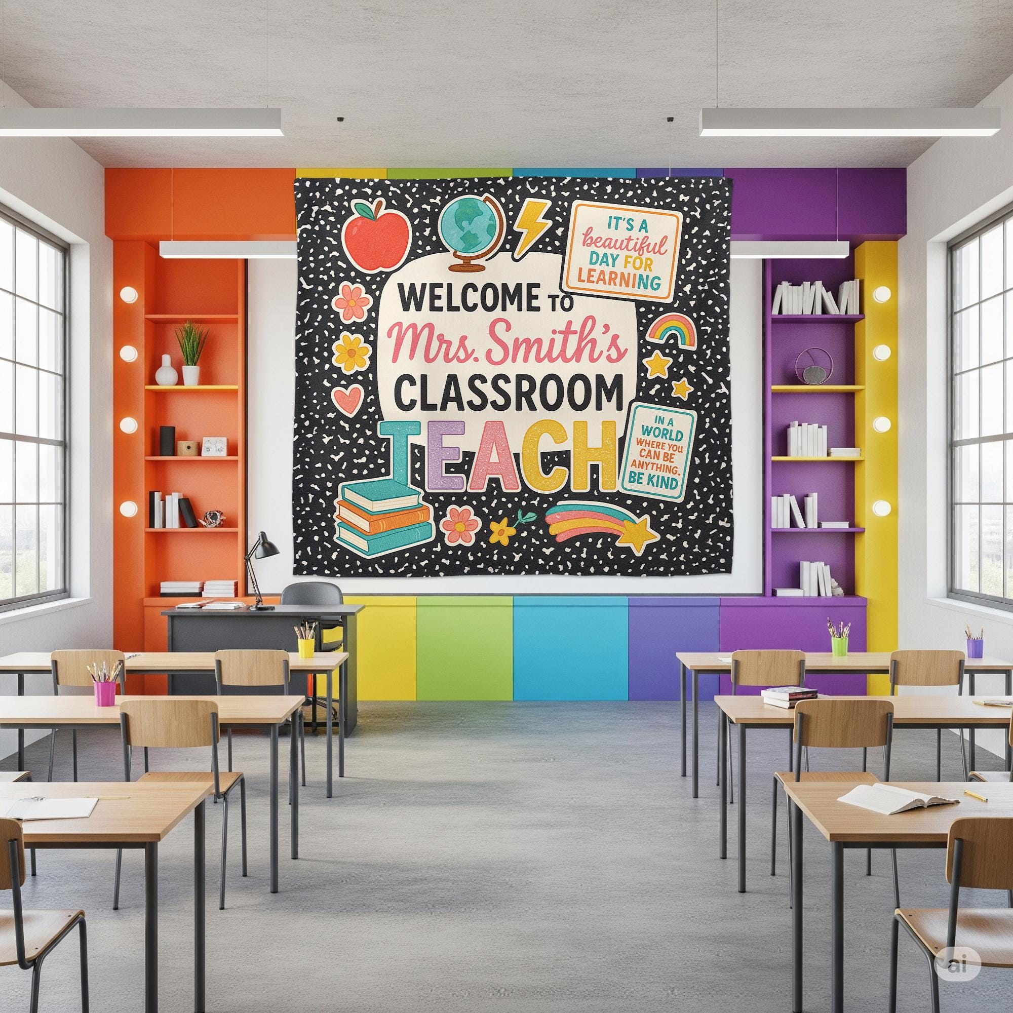 Welcome to Classroom Tapestry, Personalized Teacher Wall Hanging, Colorful School Room Decor, Back to School Teacher Gift