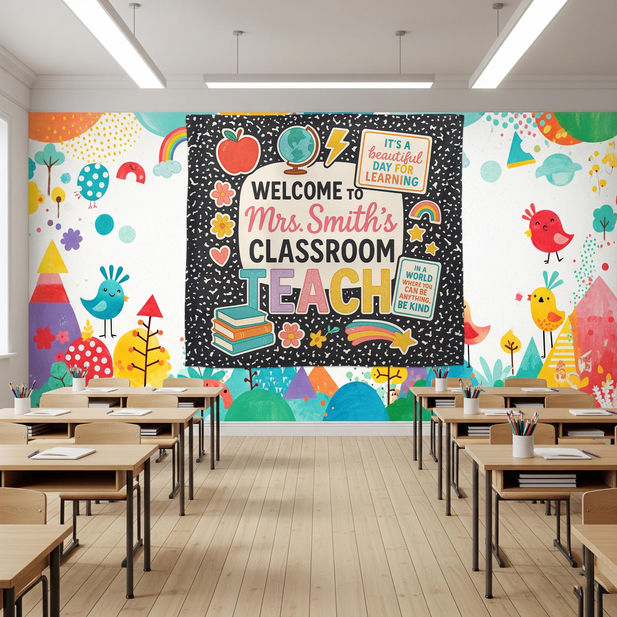 Welcome to Classroom Tapestry, Personalized Teacher Wall Hanging, Colorful School Room Decor, Back to School Teacher Gift