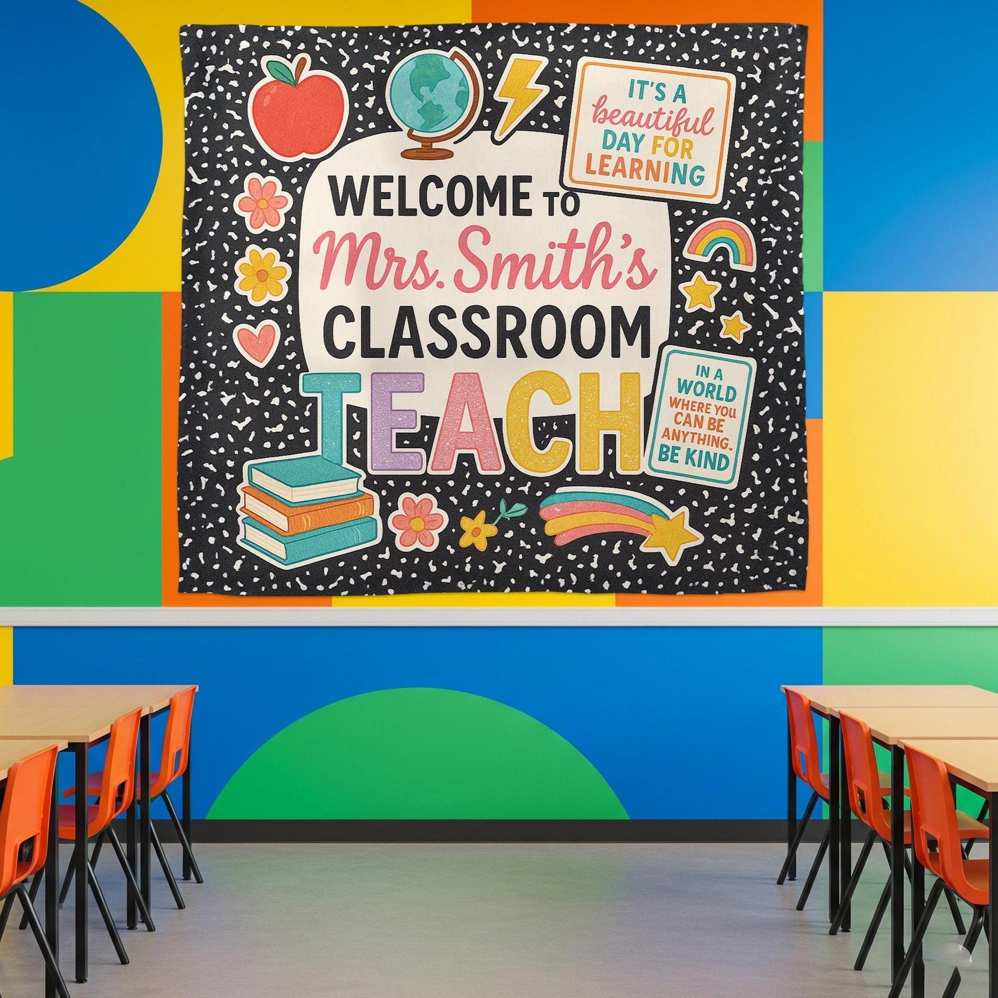 Welcome to Classroom Tapestry, Personalized Teacher Wall Hanging, Colorful School Room Decor, Back to School Teacher Gift