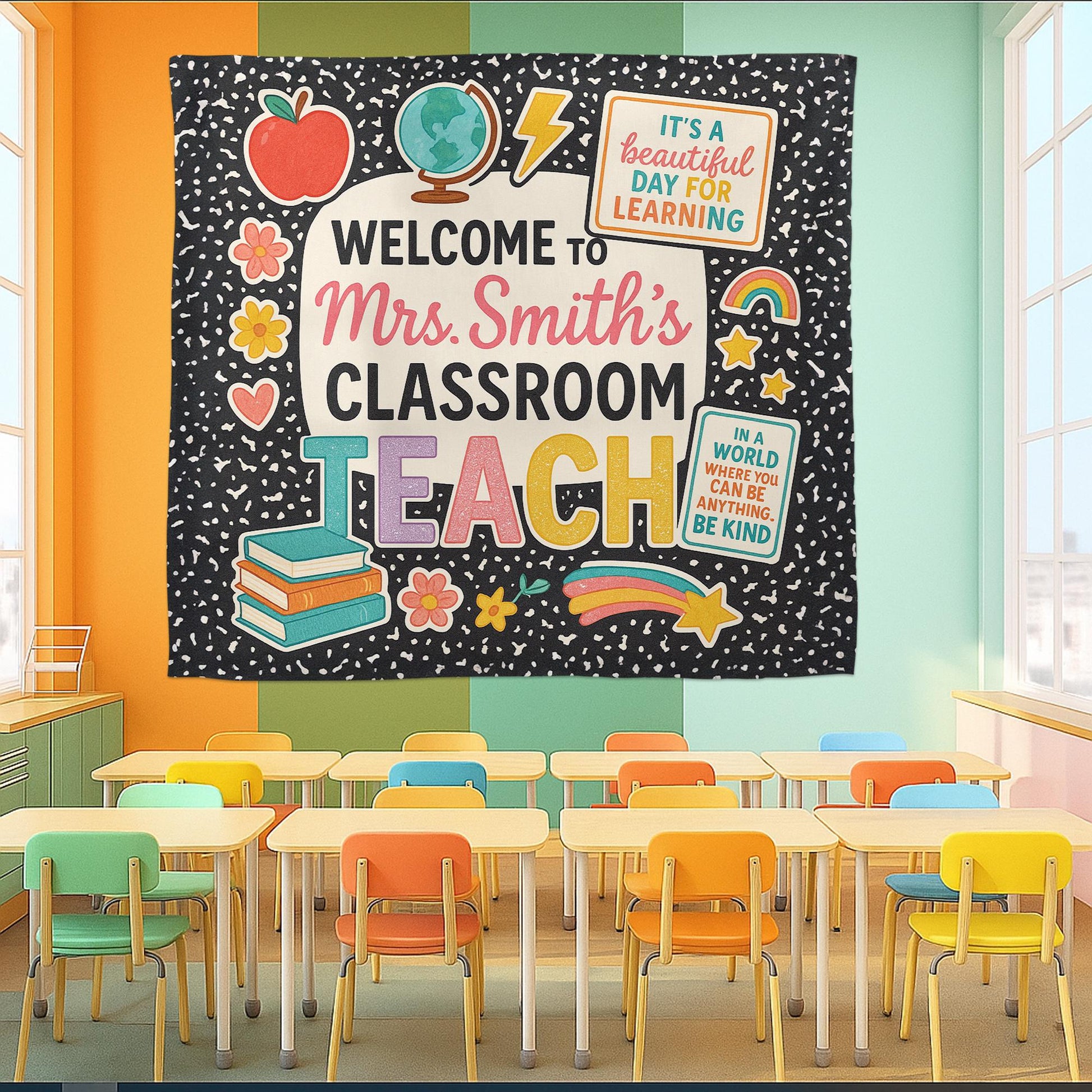 Welcome to Classroom Tapestry, Personalized Teacher Wall Hanging, Colorful School Room Decor, Back to School Teacher Gift