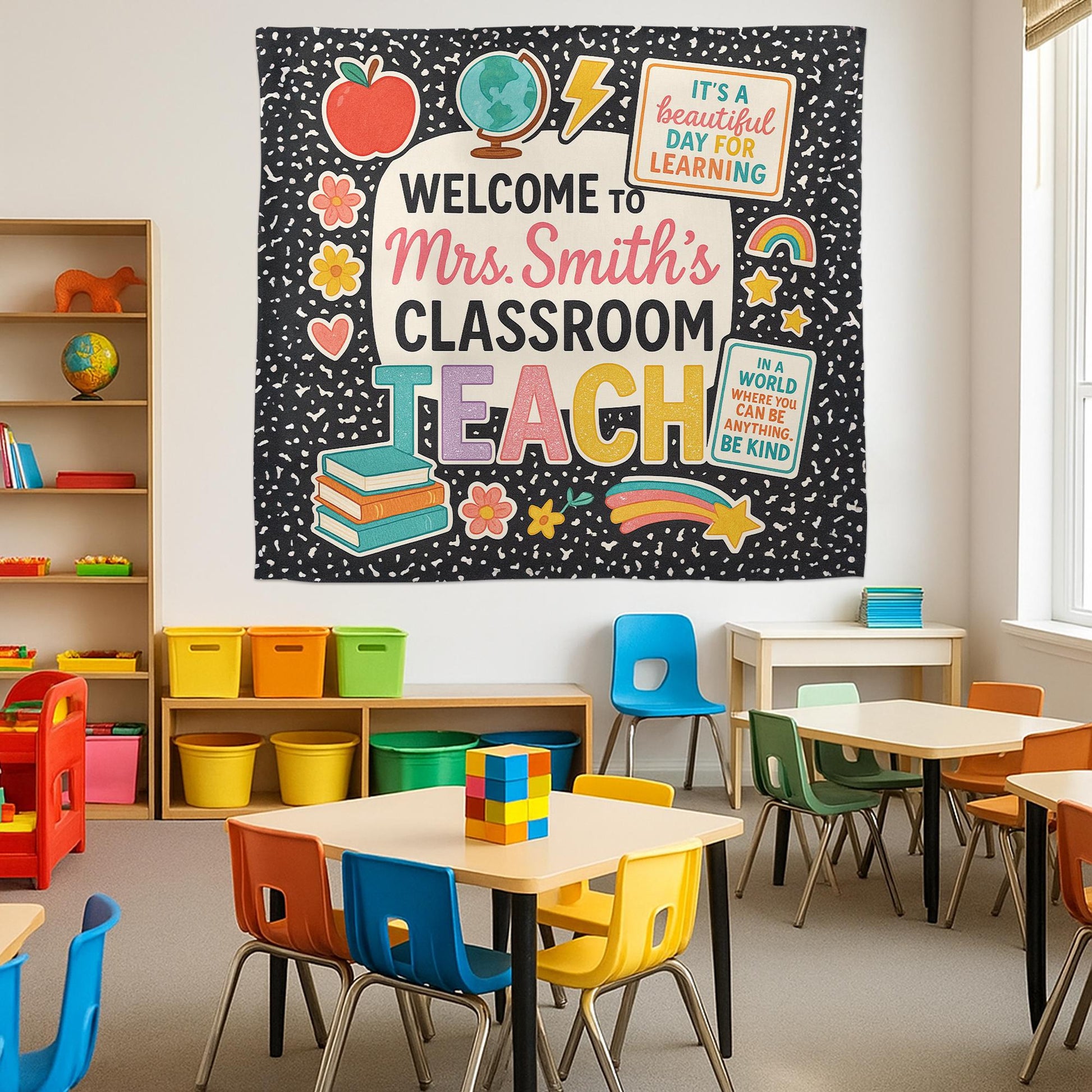 Welcome to Classroom Tapestry, Personalized Teacher Wall Hanging, Colorful School Room Decor, Back to School Teacher Gift