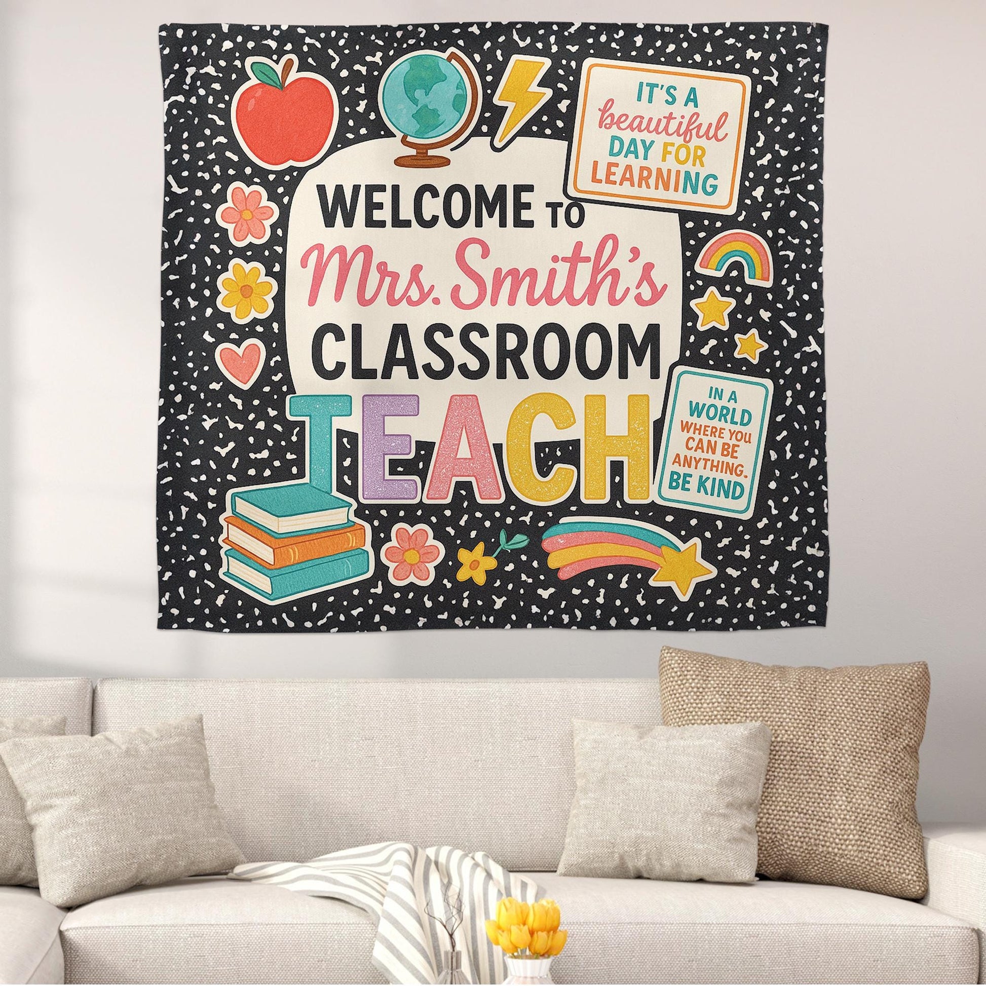 Welcome to Classroom Tapestry, Personalized Teacher Wall Hanging, Colorful School Room Decor, Back to School Teacher Gift